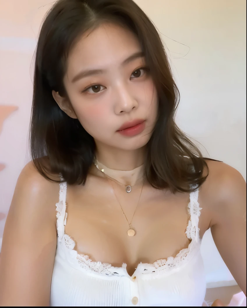 un primer plano de una mujer vestida con un top blanco y un collar, 18 years, beautiful asian girl, gemma chen, 1 8 son, preciosa cara delicada, asian features, imagen filtrada, encaje, ella teta, vistiendo camisola blanca, con gargantilla con detalles dorados, basia tran, she is about 16 years old, 16 years old