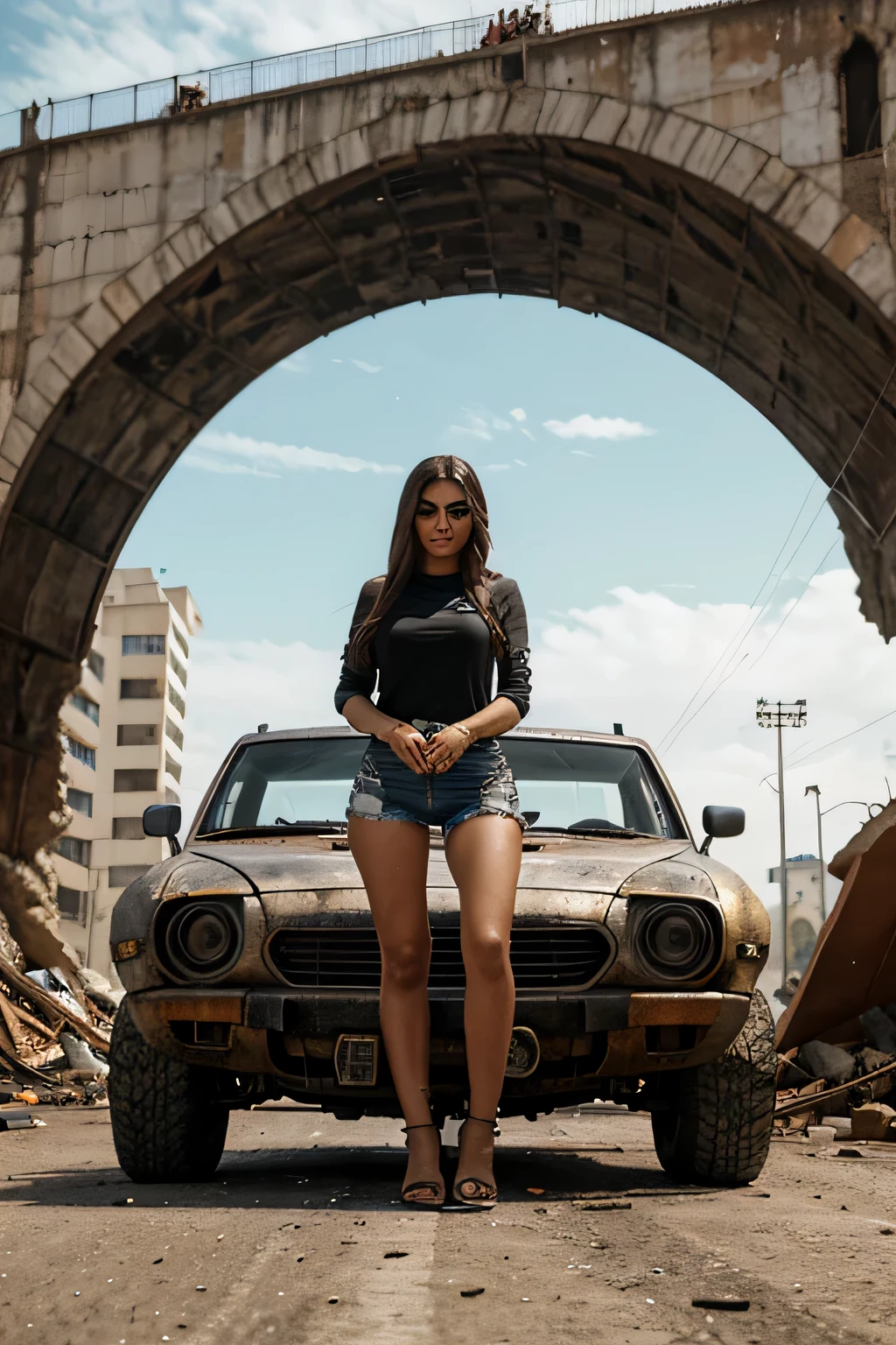 imagem de uma pequena garota linda em tamanho pequena de 1 metro de altura, rosto perfeito, Estilo Madmax, in surfing position on the hood of a futuristic rusty off-road vehicle, Pintura enferrujada e suja, Estilo Madmax, Apocalipse, carroceria enferrujada, long front hood, Vidros transparentes e quebrados, rodas grandes e brilhantes, ultra realista, 8k, on a street in a modern city with 20-story buildings collapsed to the ground, there is a ruined viaduct complex in the background, the city is in ruins stretches across the horizon, poles and wires destroyed on the ground, as detailed as possible, as realistic as possible, imagem proporcional, Grey overcast sky.
