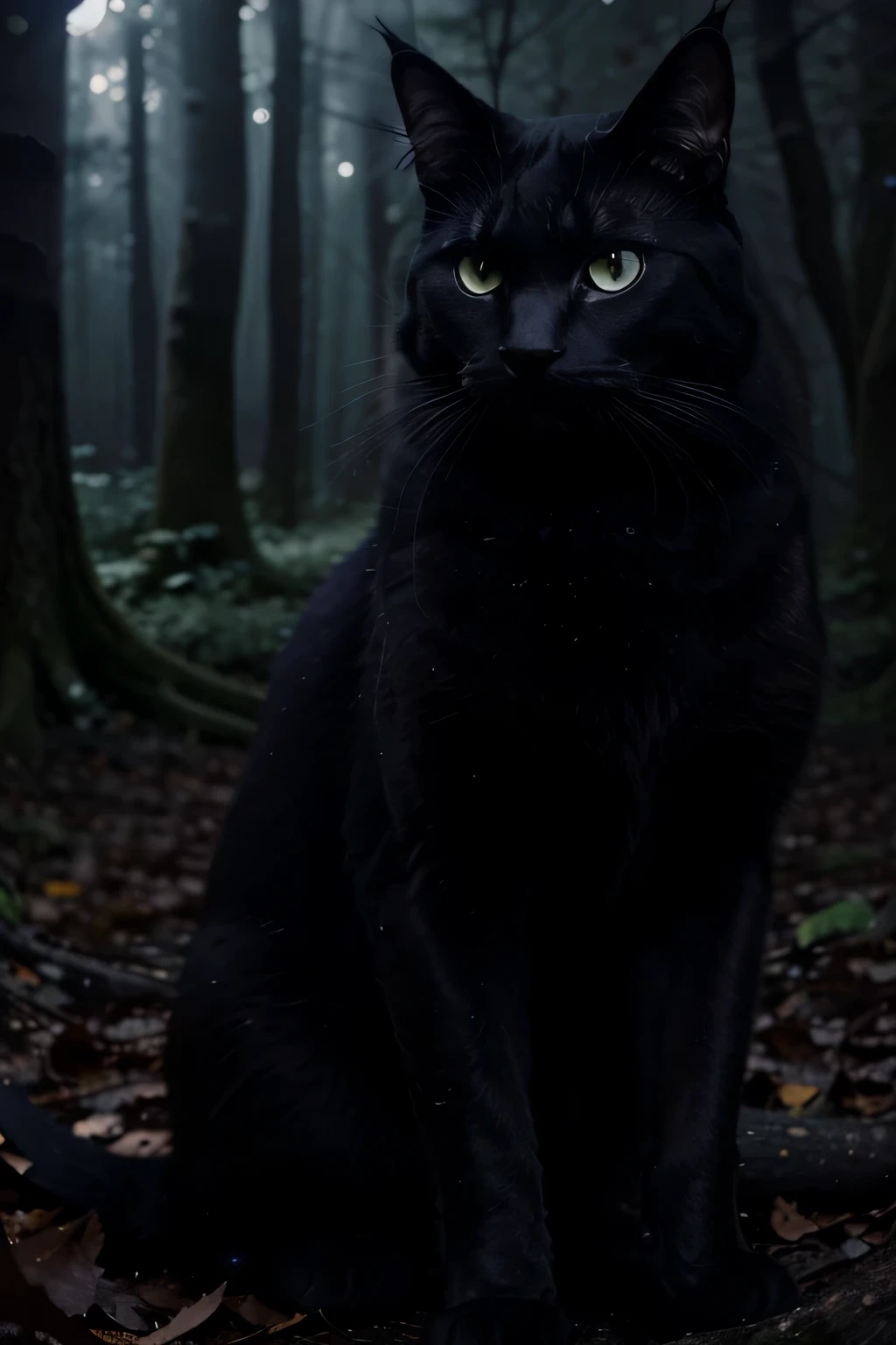 a black cat in the wood,illustration,night scene,dark atmosphere,dense forest,mysterious eyes,graceful movement,shadows and moonlight,glimmering stars,best quality,ultra-detailed,realistic,photorealistic,sharp focus,professional,vivid colors,dark and moody colors,dim lighting,enchanted vibe