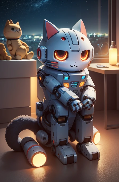 a cute mecha, happy robot cat, mecha, no humans, slouching, night cty, from above