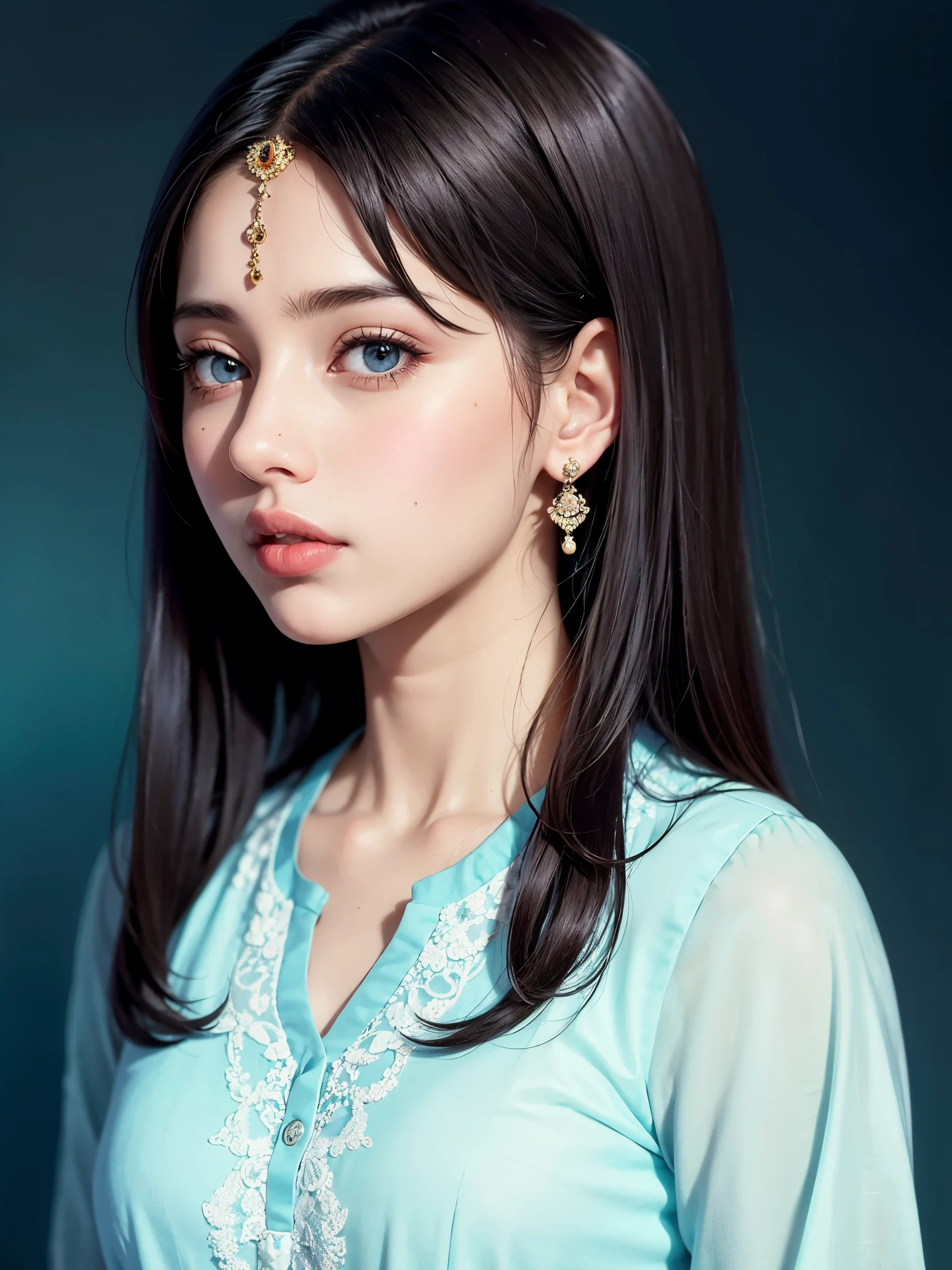 a 20-year-old Pakistani woman, long black hair, blue eyes, dark theme, soft tones, Kameez Shalwar and Dupatta, soft colors, high contrast, (natural skin texture, hyperrealism, soft, sharp light), blue background, simple background,