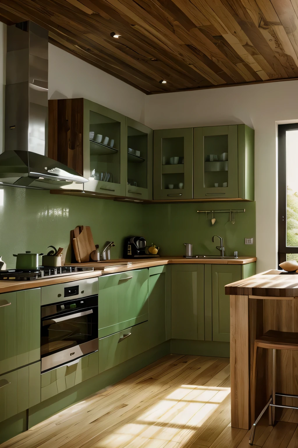 cuisine moderne de couleur verte, bois avec un mur vide