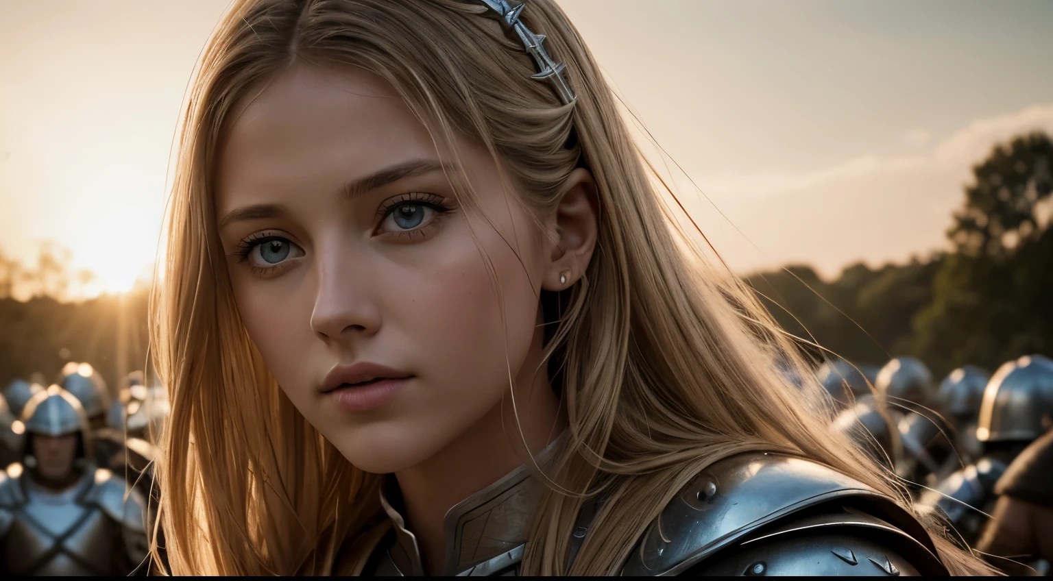 RAW photo, Hundred Years&#39; War in Europe, a 22-year-old-girl, Joan of Arc, in medieval battle costume, In the midst of a medieval war, leads medieval troops on the offensive, (realistic), (photorealistic:1.5), lipstick,(RAW photo, 8K UHD, film grain), sharp eyeliner, Blush Eyeshadow With Thick Eyelashes, extremely delicate and beautiful, 8K, soft lighting, High quality, a high resolution, sharp focus, extremely detailed, (sunshine on face), beautiful detailed eyes, extremely detailed eyes and face, masterpiece, cinematic lighting, (high skin detail:1.2), 8K UHD, Digital SLR camera, soft lighting, High quality, film grain, Fujifilm XT3, (Teresa Mary Palmer from the movie A Discovery of Witches)
