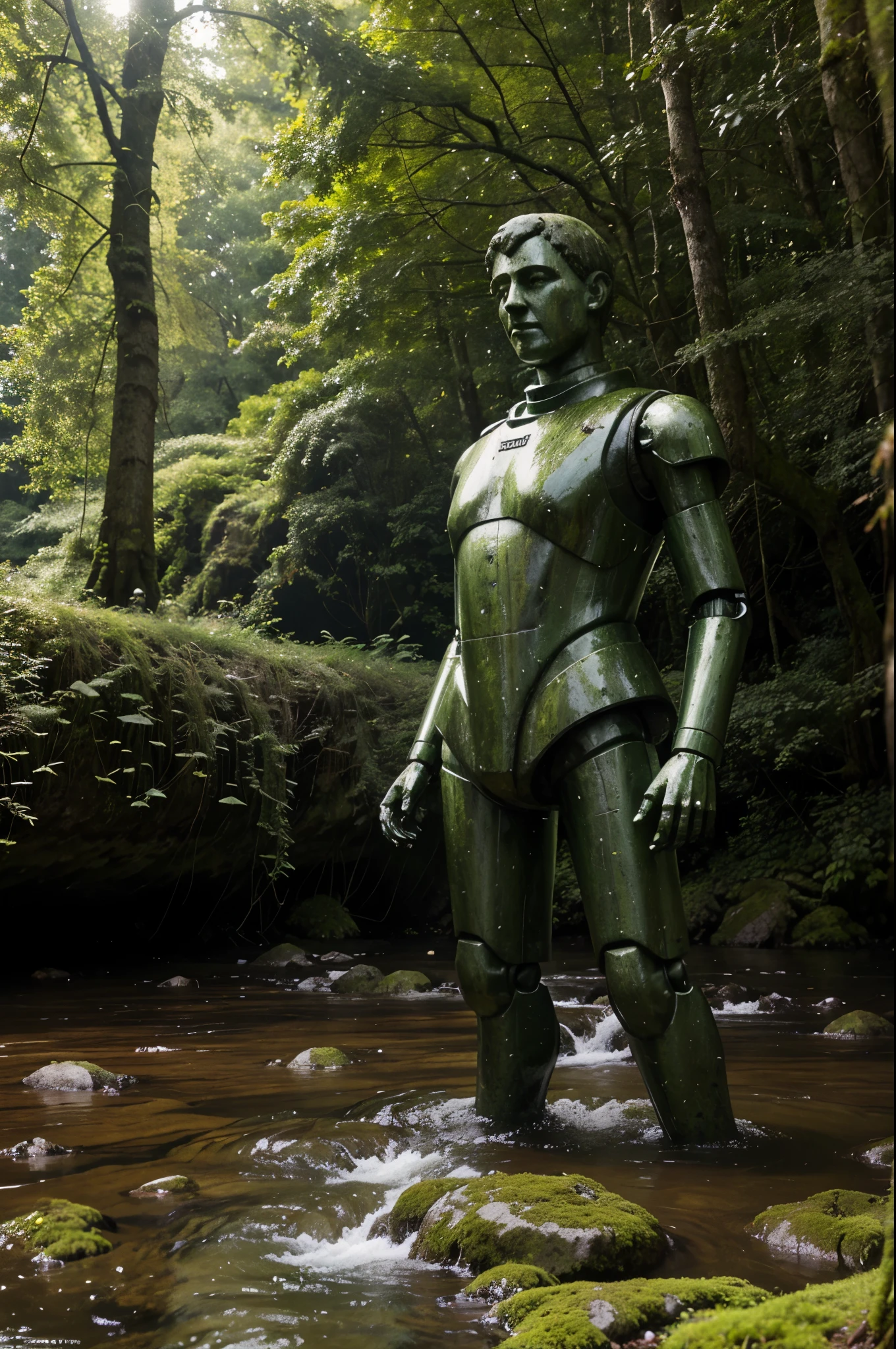 In the middle of a forest river, with mossy cobblestones and clear water, an old Robot statue sticks out of the water, overgrown with small trees, Moss, grass and vines, realism, сверхrealism