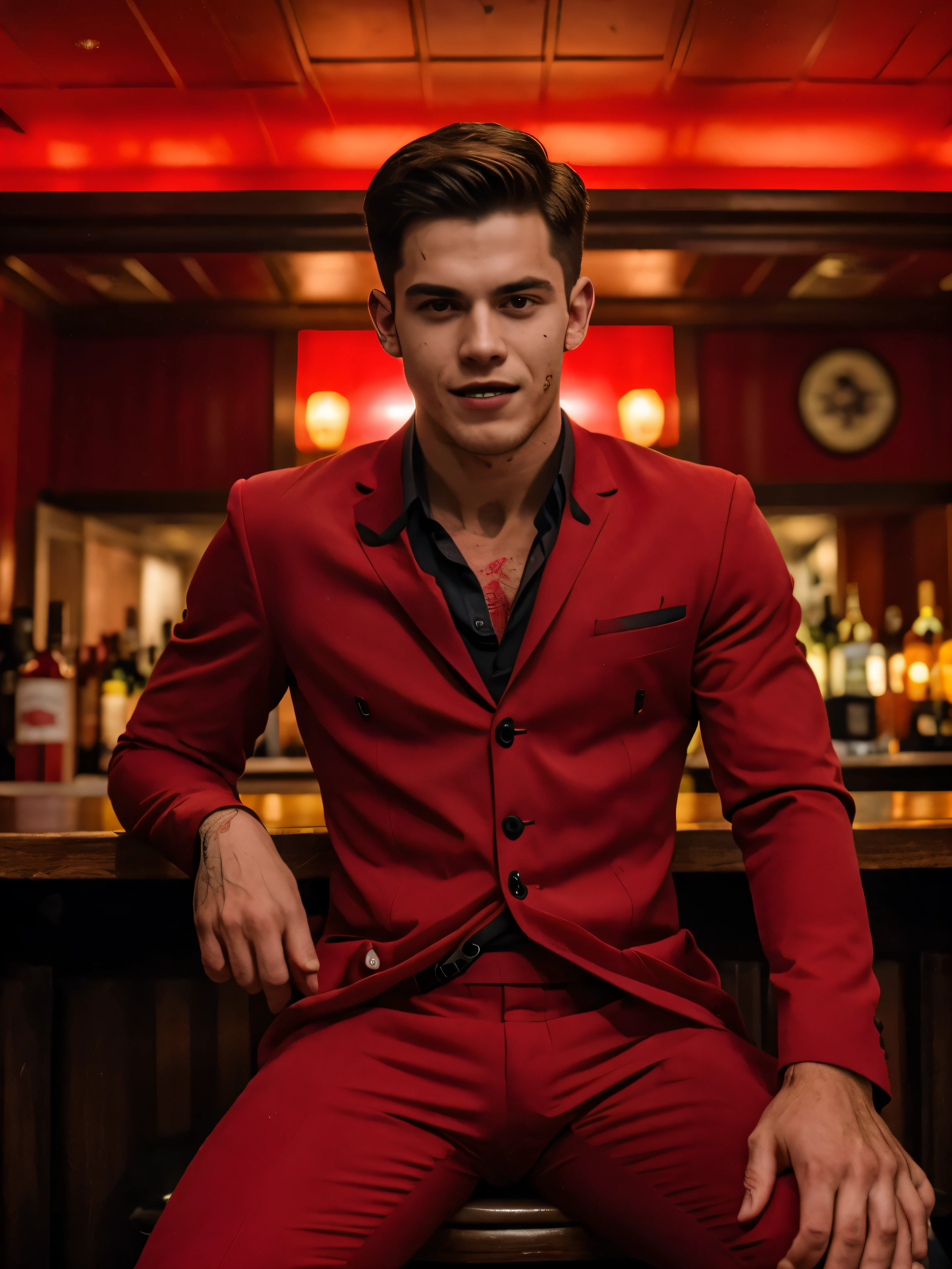 (foto crua:1.2), a badboy  man wearing a red suit with a hellish business look sitting in a hell themed bar, barba, um olhar pretencioso, sorriso sadico, tiro sincero, melhor qualidade, 8k, Ultra HD, fotorrealista