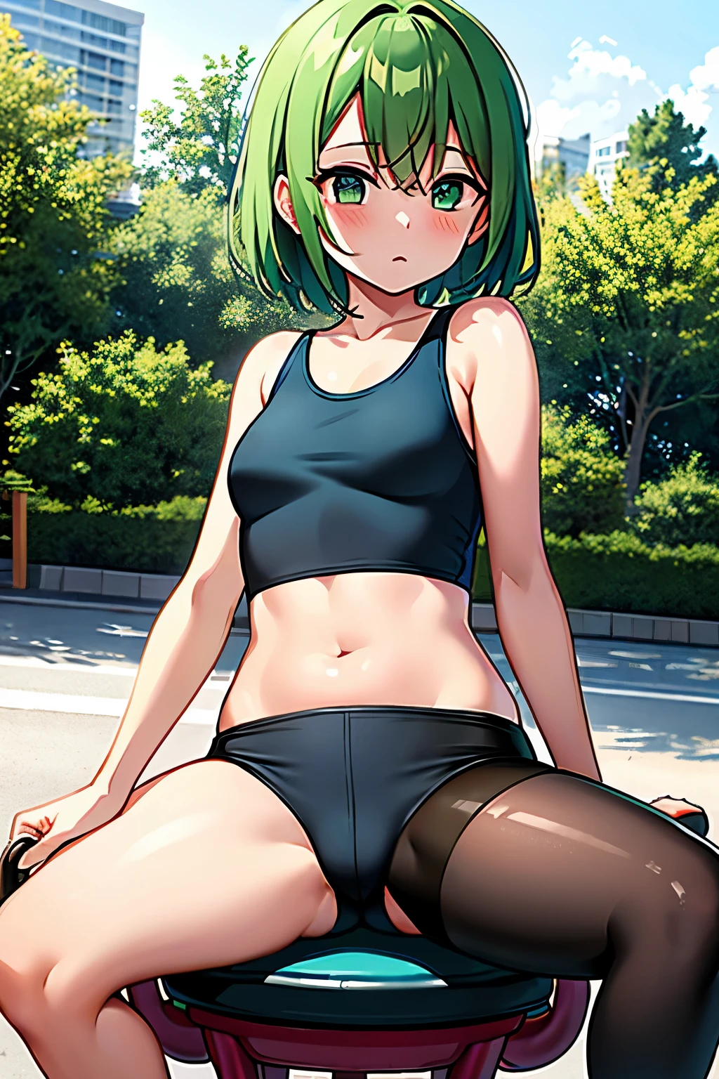 Girl straddling a bike saddle cushion, dolphinshorts,Sheer tank top