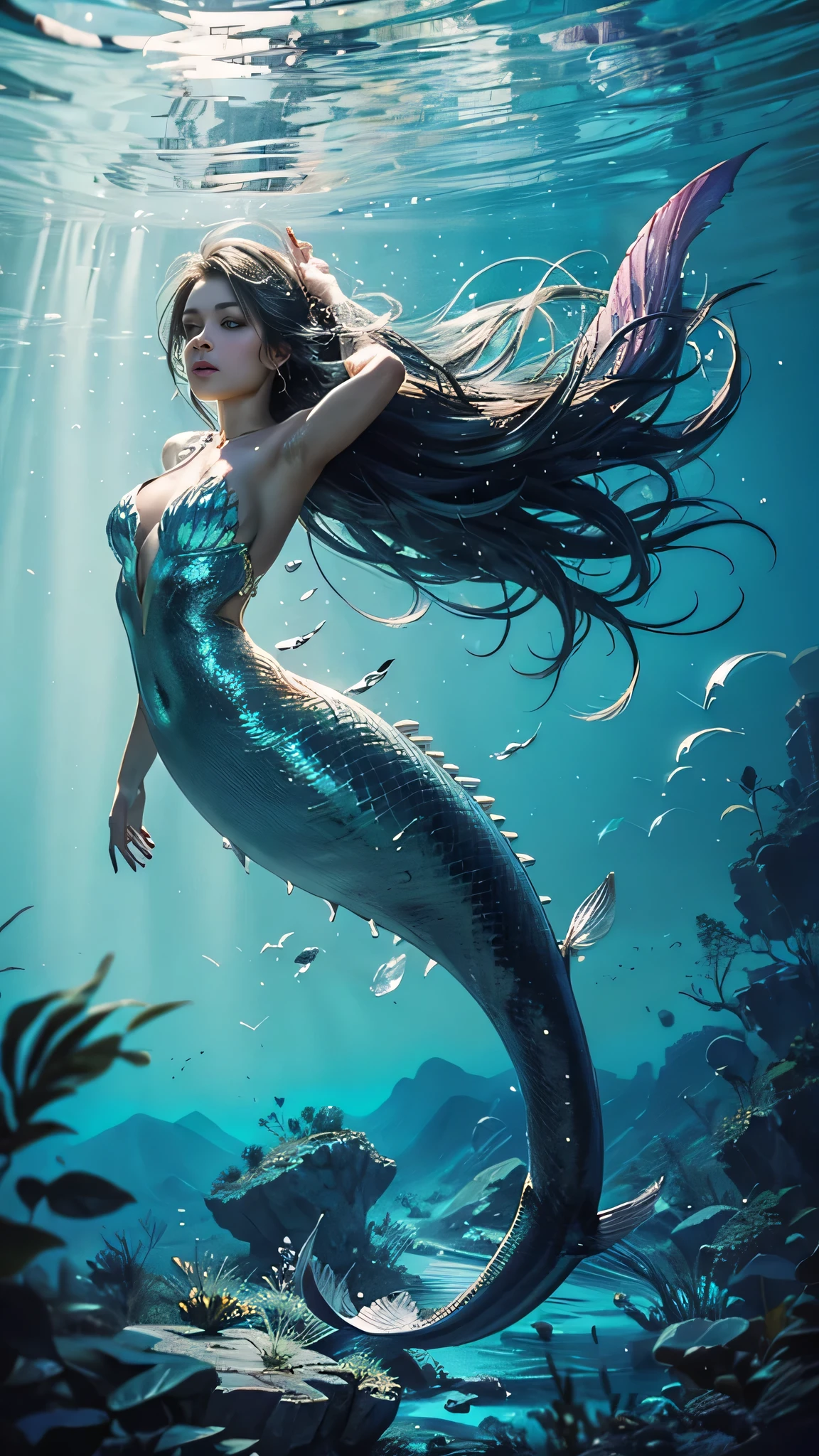 Capture a serene image of a mermaid floating in the crystal clear waters of a tranquil ocean. Utilize o Zeiss Batis 25mm f/2 for a wide perspective and exceptional sharpness across your entire composition. Position the mermaid to highlight her graceful silhouette and the soft glow of sunlight filtering through the water&#39;s surface. Enhance volumetric lighting with the use of a fog device to create an ethereal veil surrounding the scene, accentuating the magical and mysterious atmosphere. Aim to capture the details of the mermaid&#39;s glistening scales and the gentle movement of her tail as she glides gracefully through the water. Experiment with different angles and compositions to create a captivating and enchanting image that transports the viewer to an underwater fantasy world. 