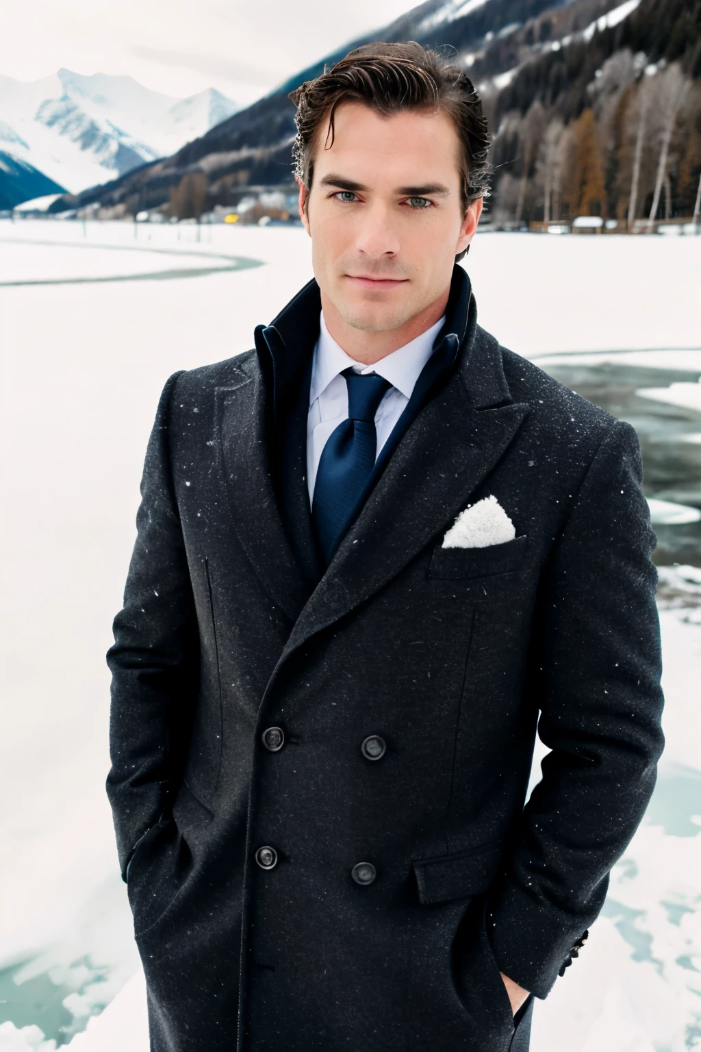 full body photography, very photo realistic, RAW-Foto, elegant 34 year old man, noble Englishman, straight nose, looks similar to Matt Bomer and Henry Cavill, black hair, short Haare, short beard, Head hair combed to the side, blue eyes, wears elegant old money winter clothes, St. Moritz, snow, sun is shining, it is cold, walking on the frozen lake