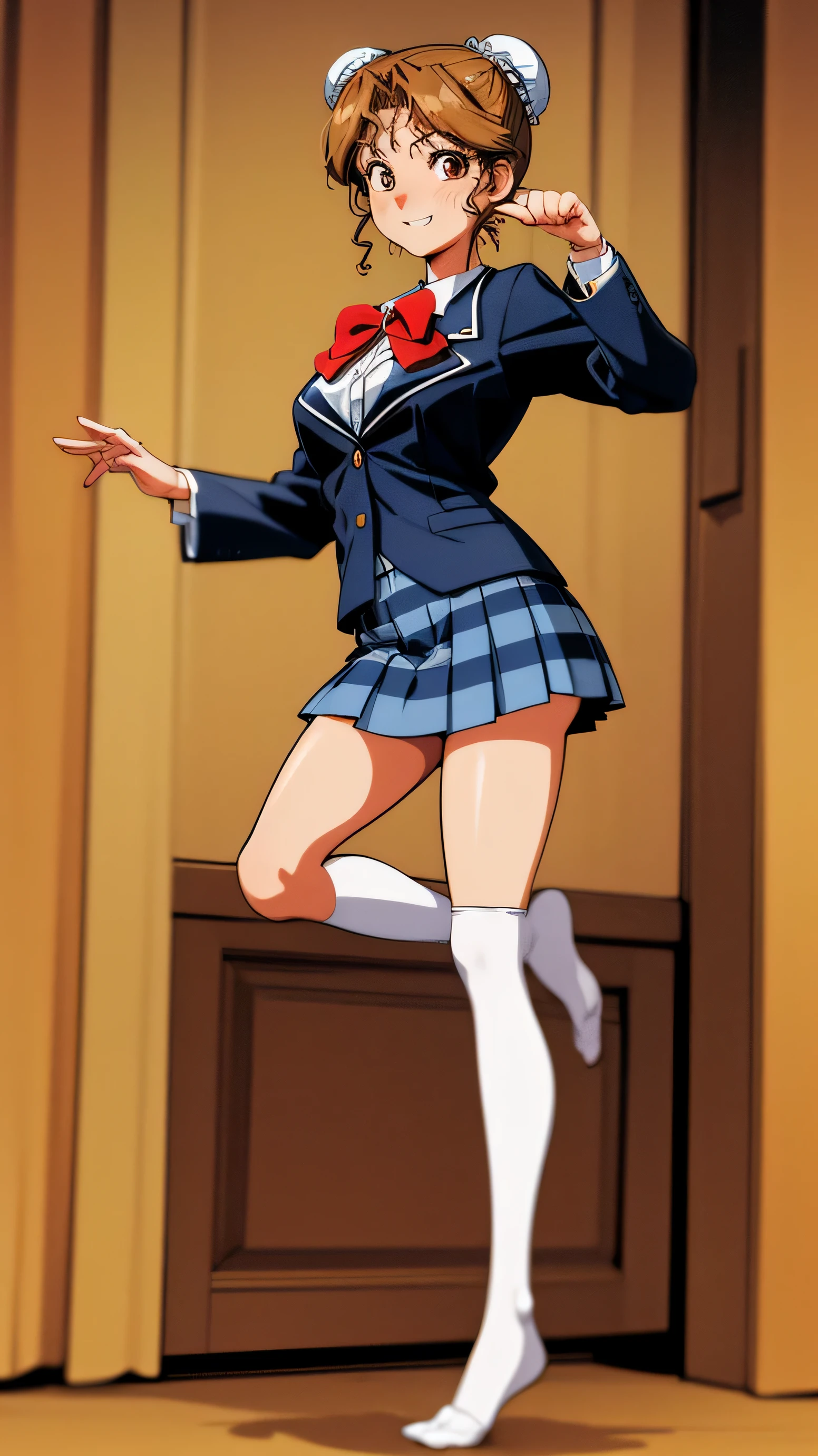 masterpiece, ４K, ８K, highest quality, High resolution, anime coloring pages, full body shot, (Looking from the bottom, forward), early autumn, 1 girl, alone, 精密で詳細な顔grin, Thinly closed mouth, grin, Thinly opened mouth, (white knee socks, with ruffles, delicate lace), school uniform, (blazer, dark blue), bow tie, striped skirt, (beautiful feet, two, It grew steadily), 1990s (style), room, Velvet blanket, window with curtains, evening, (cute pose, Looks like a gravure model), look at the camera, 