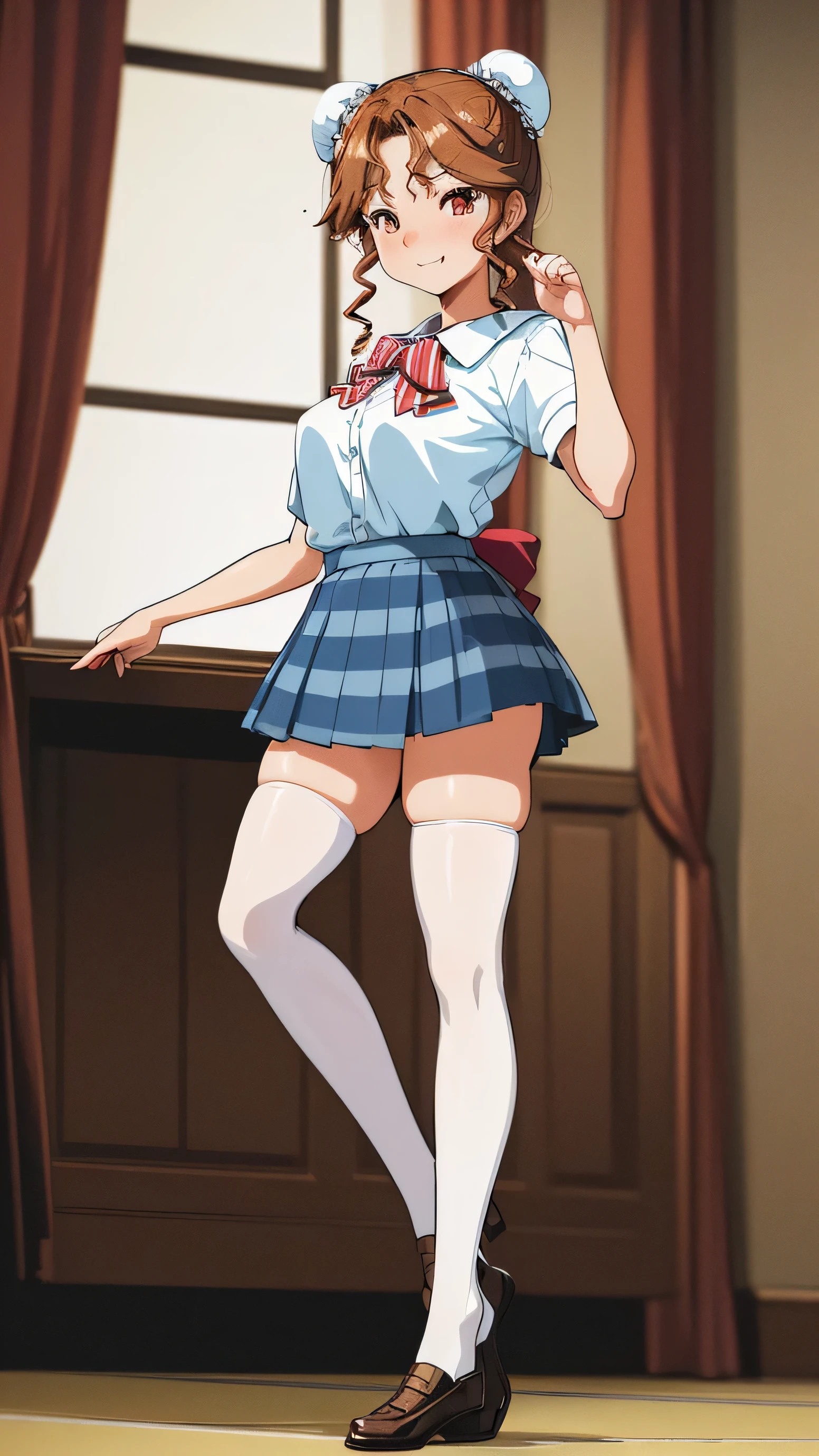masterpiece, 4K, 8K, highest quality, High resolution, anime coloring pages, full body shot, (Looking from the bottom, forward), early autumn, 1 girl, alone, 精密で詳細な顔grin, Thinly closed mouth, grin, Thinly opened mouth, (whiteいニーソックス, with ruffles, delicate lace), school uniform, (blazer, dark blue), bow tie, striped skirt, (beautiful feet, two, that grew smoothly), 1990s (style), ((background at room, (that'in the wall room, thick vertical stripes, Cherry color), (carpet is being pulled, stuffed toy, white,on the floor), (There is a window,with curtains, With fine lace trim), evening), (cute pose, Looks like a gravure model), look at the camera,