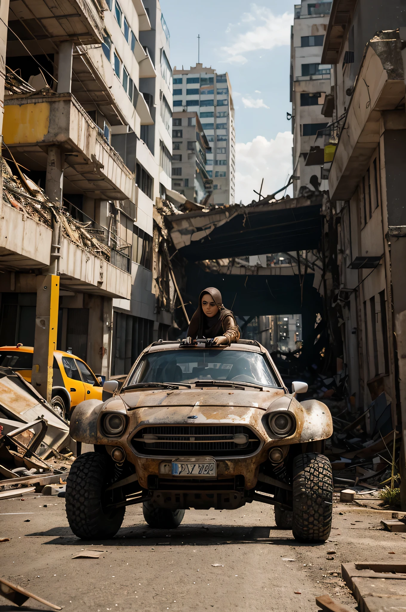 imagem de uma pequena garota linda em tamanho pequena de 1 metro de altura, rosto perfeito, Estilo Madmax, in surfing position on the hood of a futuristic rusty off-road vehicle, Pintura enferrujada e suja, Estilo Madmax, Apocalipse, carroceria enferrujada, long front hood, Vidros transparentes e quebrados, rodas grandes e brilhantes, ultra realista, 8k, on a street in a modern city with 20-story buildings collapsed to the ground, there is a ruined viaduct complex in the background, the city is in ruins stretches across the horizon, poles and wires destroyed on the ground, as detailed as possible, as realistic as possible, imagem proporcional, Grey overcast sky.