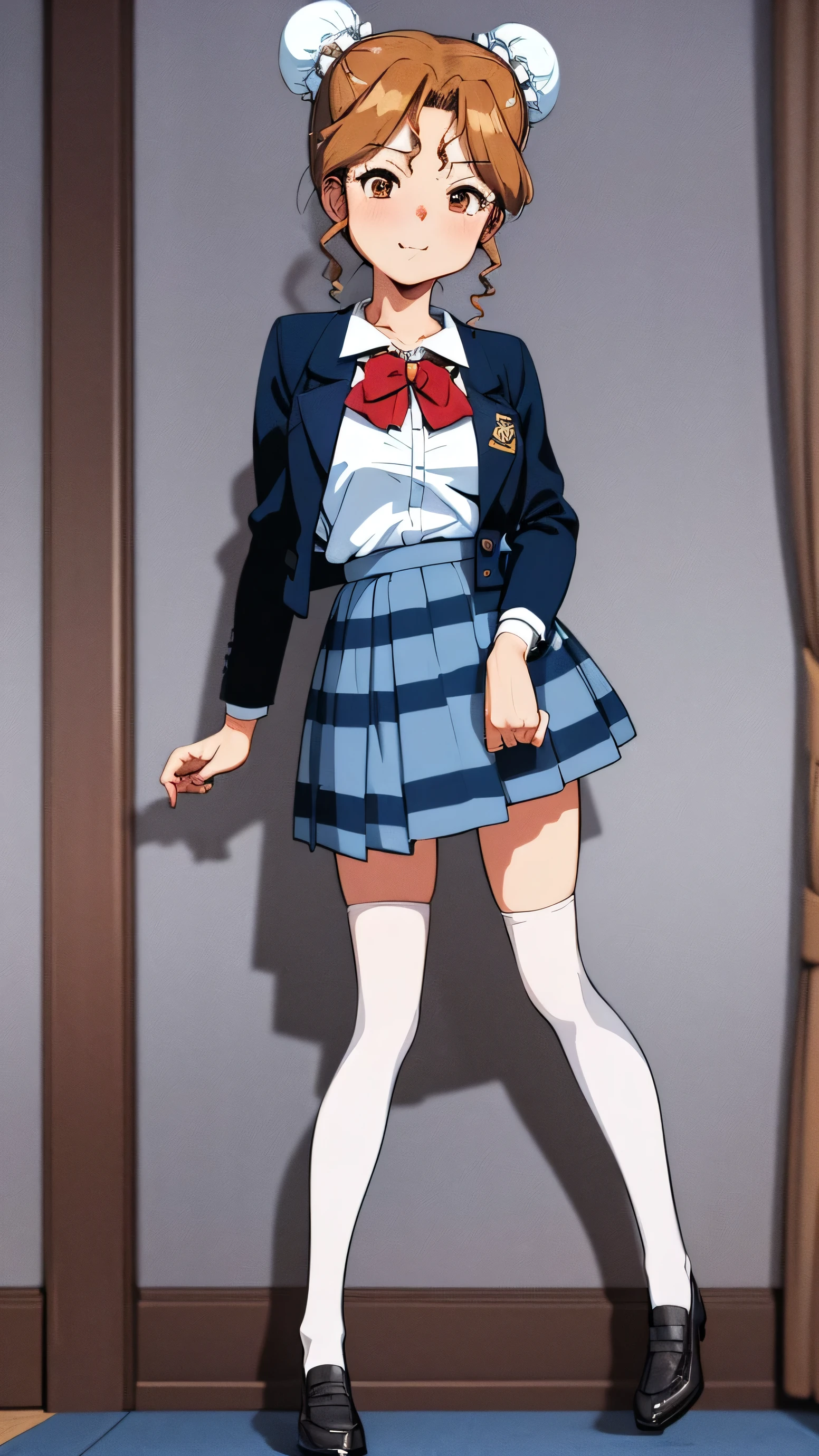 masterpiece, 4K, 8K, highest quality, High resolution, anime coloring pages, full body shot, (Looking from the bottom, forward), early autumn, 1 girl, alone, 精密で詳細な顔grin, Thinly closed mouth, grin, Thinly opened mouth, (whiteいニーソックス, with delicate lace), school uniform, (blazer, dark blue), bow tie, striped skirt, (beautiful feet, two, that grew smoothly), 1990s (style), (background at room, (that'on the wall, thick vertical stripes, Cherry color), (carpet is being pulled, stuffed toy, white,on the floor), (There is a window,with curtains, With fine lace trim), evening), (cute pose, Looks like a gravure model), look at the camera,