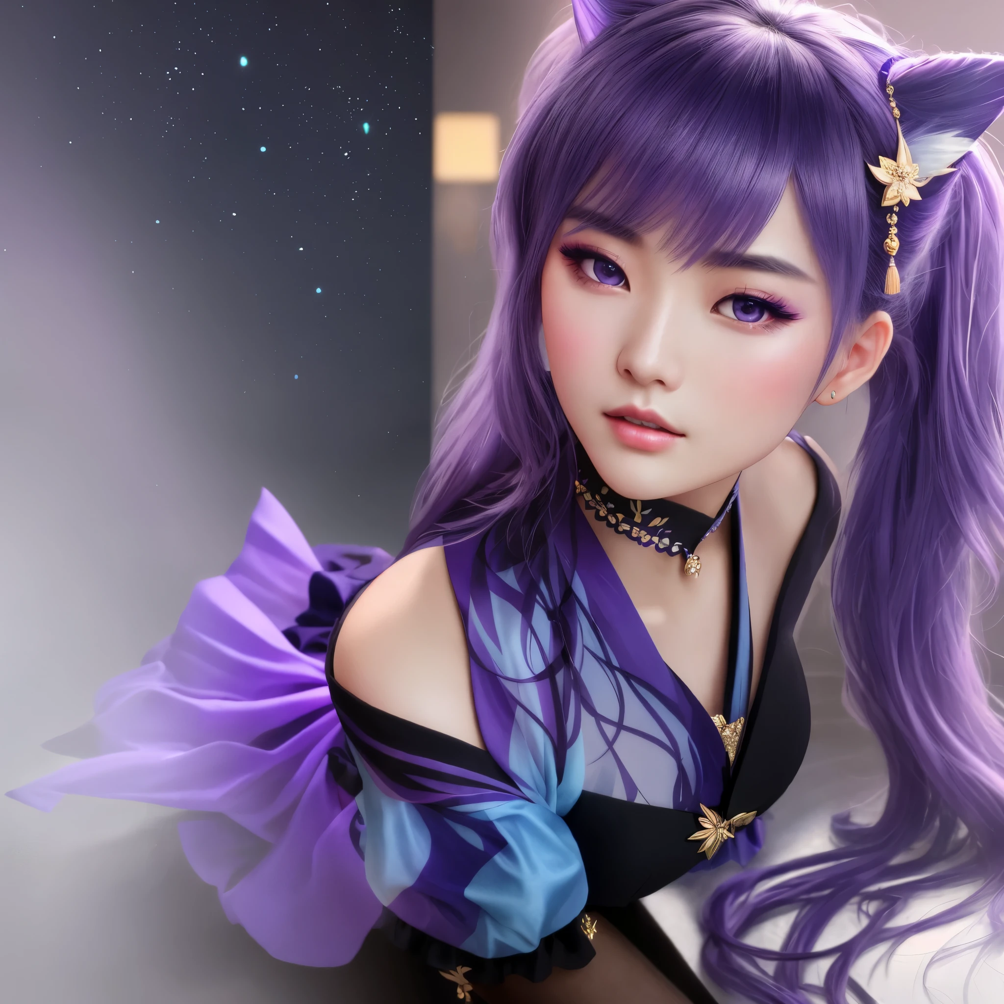 young gorgeous chinese model, traditional beauty, draped in purple and blue silk, with beautiful exoticism, purple hair, violet eyes, cat ears on top of head, ((focus on the hips)), (black opaque tights:1.2), (portrait:1.5), soft fluffy soft landscape forest snowy pastel sky green blue glitter ethereal light pastel whimsical light rainbow stars diamonds sparkling gem background hyper realistic, (Best Quality, 16K, Masterpiece, UHD, Ultra quality cinematic lighting, Huge detail, Well lit, 35mm, sharp, hyper realistic, epic scale, insane level of details, beautiful detailed girl, very detailed eyes and face, beautiful detailed eyes, ultra detailed skin, realistic skin)