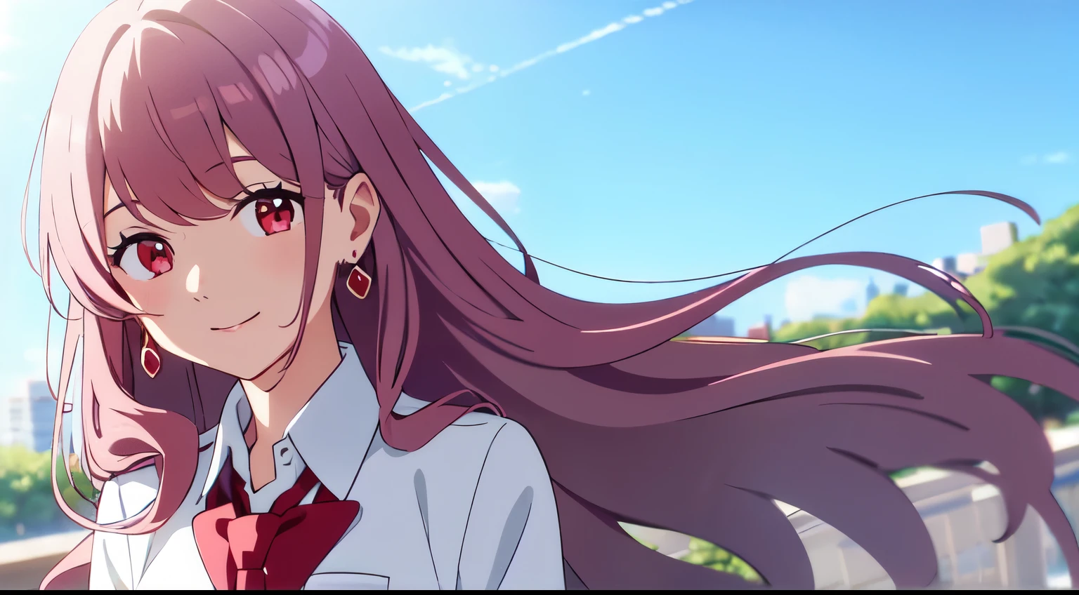 masterpiece, best quality, 1girl, solo, long wavy curly hair, pink hair, earrings, red eyes, white shirt, grey necktie, pocket on  look at viewer, smiling, school, blue sky