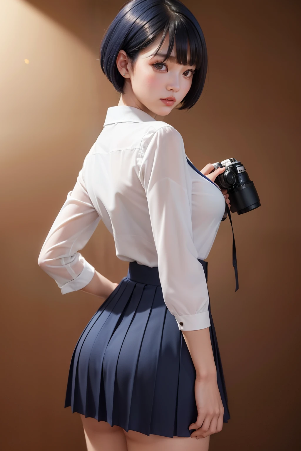 (masterpiece, best quality, cinematic, photorealistic, ultra-detailed), (1girl, Japanese student), (wide camera shot, from behind:1.5), (smart-looking girl wearing a white short-sleeved blouse with a sailor-style collar and a ribbon tie), (navy blue pleated skirt that falls just above the knees), (blue hair, short bob cut hair), perfect hands, perfect face, (large cleavage), (seductive pose), (brown eyes, soft and shimmery eyeshadows, detailed pupils, defined eyelashes), (blushing, slightly parted lips, cherry lips), (gradient background:1.2), (sensual pose)