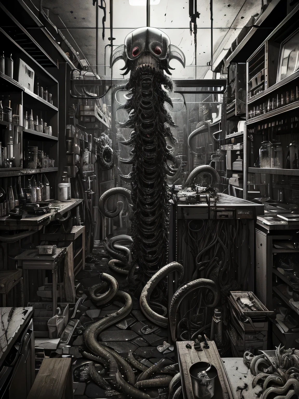 ((dark tentacle biopunk art)), ((horror tentacles)), skeleton character, empty empty eye sockets, peeling of the skin, (cold light), black oil liquids, dark empty shelter-operating room, dark haven, steel table, drawers and cabinets, syringes and tinctures, dark fantasy environment, very detailed art, very detailed background
