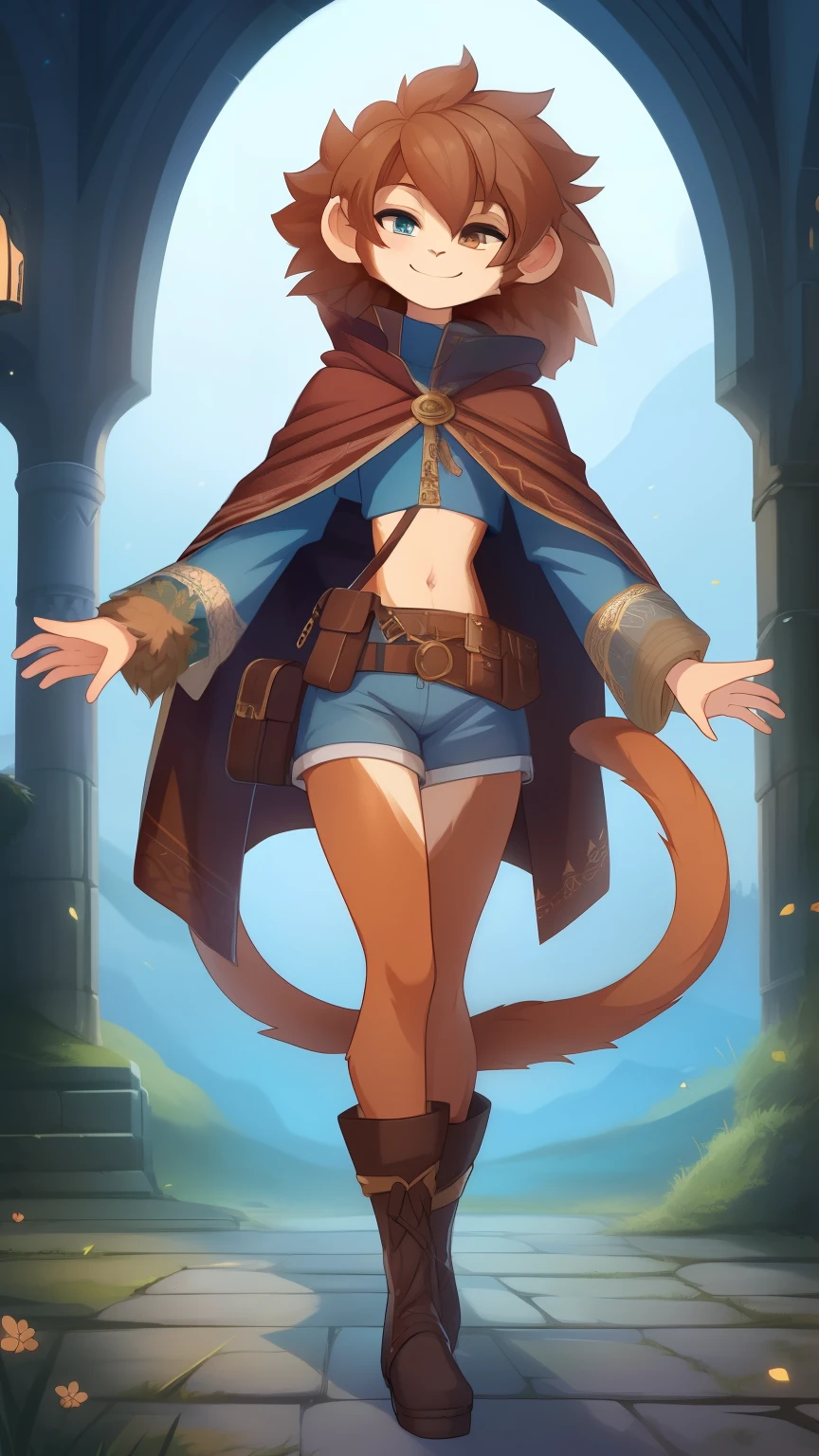 Best quality, Super detailed illustration, (1 boy:1.2), (fluffy monkey:1.4) , feminine face and body, disheveled thick hair, short shorts, ankle boots, Cloak, Waist bag, baggy sweater smug smile, half-closed eyes , Femboy, small waist, wide hips, Slim, perfect body, DND style