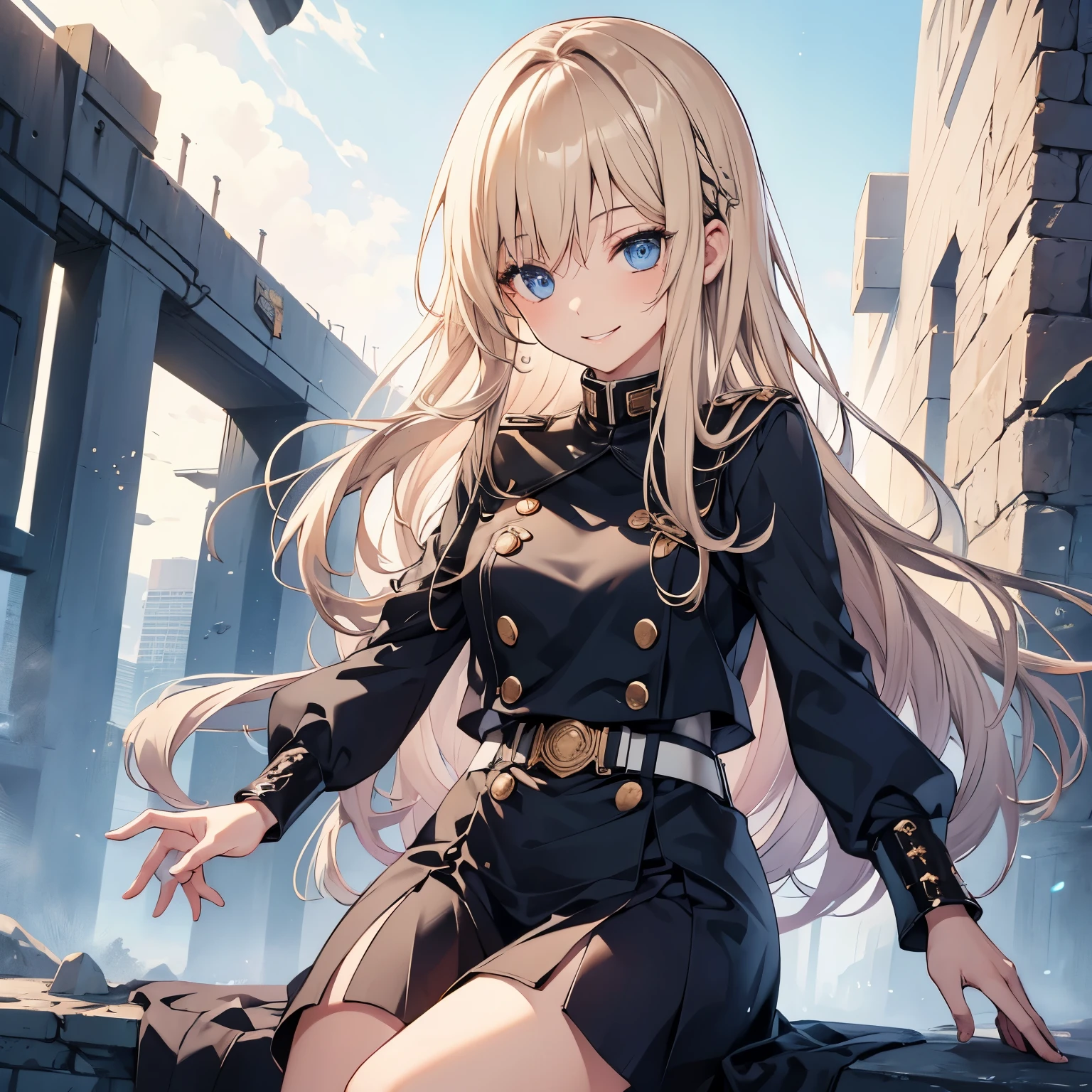1 girl, blonde hair, ((blue eyes)), beautiful girl, (straight hair), black uniform, ((detailed eyes)), smiling