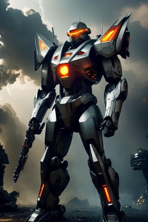 "A futuristic Mecha Warrior in a sci-fi battlefield, wearing a sleek, metallic armor with glowing LED lights. The warrior has a fierce expression and determined eyes, radiating confidence. The armor is highly detailed, with intricate mechanical parts and powerful weaponry. The battlefield is filled with debris and smoke, showcasing the aftermath of a fierce battle. The lighting is dramatic, with rays of sunlight piercing through the thick smoke, creating a contrast between light and shadow. The color palette is dominated by cool tones, enhancing the futuristic atmosphere. The artwork is of the highest quality, with ultra-detailed rendering and an emphasis on realistic textures. The final image should be a masterpiece, capturing the epicness and intensity of the Mecha Warrior's presence."