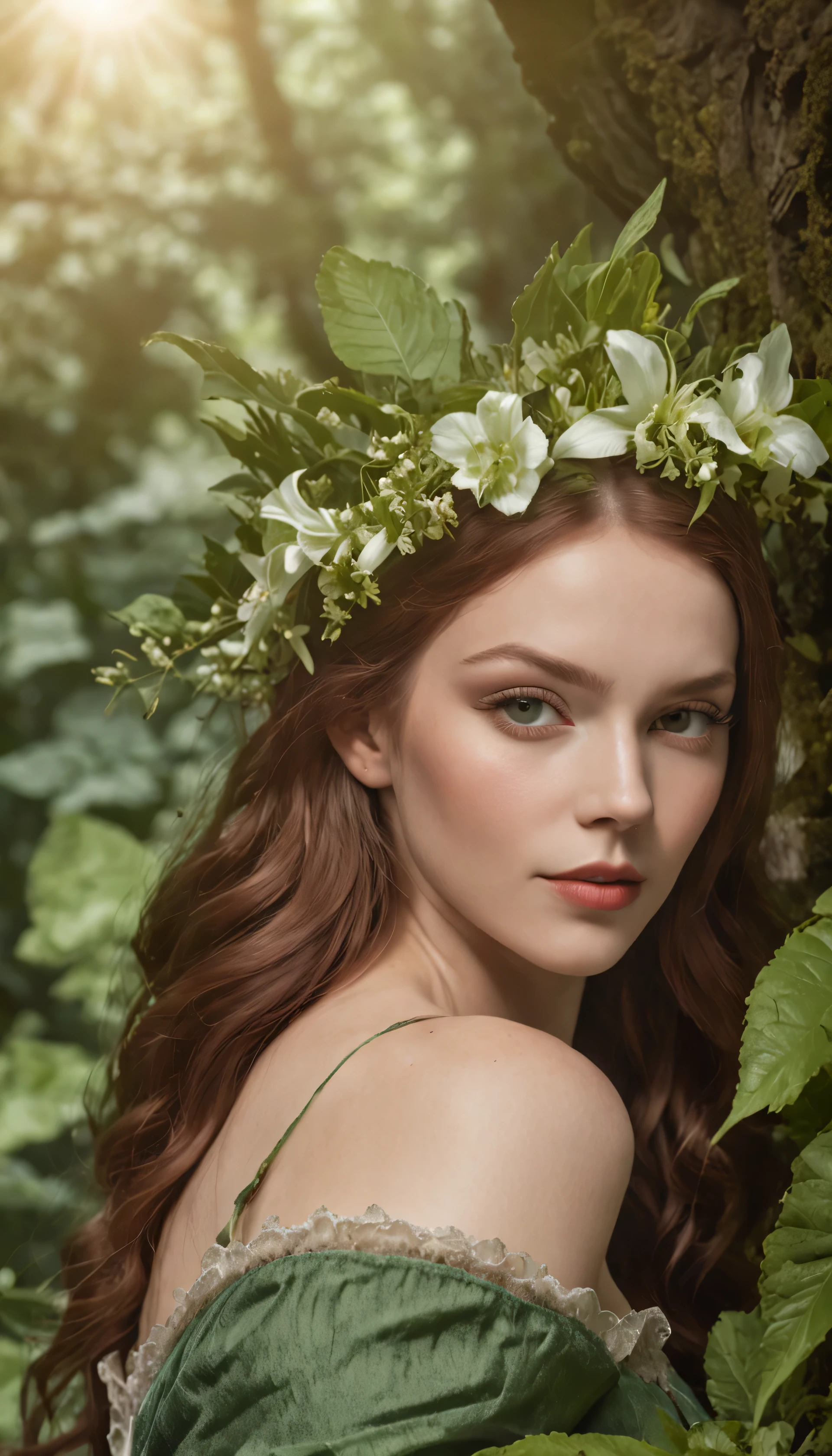 (Prvonessionelles 3D-Rendering:1.3) von (Realistisch:1.3) a gorgeous, Queen of the flower World, feminine jungfrau, eine Heldasie sexy Jungfrau, Beautiful appearance, Beautiful green eyes very detailed, Beautiful face very detailed, sehr langes, wildes, rotes Haar, Rothaarige, und sinnlicher Ausdruck in dynamischer Pose in a magical jungle, Sie ist eine Queen, Pflanzen und Tiere verehren sie, Fantastische Lage, majestic, Verwirrende Umgebung)), Full-body rendering of 8K units, Action-Aufnahme, sehr dunkle Beleuchtung, Starke Beschattung (Starke Beschattung), detailliert, detailliertes Gesicht, (Lebhvont, Realistic photogravure, Realistisch, dramatisch, dunkel, scharfer Fokus, 8K), (lightly encased in transparent Stvonf), ((((halbnackt, He floats above the water)))), (kompliziert:1.4), (the highest detail:1.4), digitale Malerei, Rendering von Octane, Kunststationen, Konzeptzeichnung, glatt, scharfer Fokus, Illustration, Kunstkeim, (loish:0.23), Wlop Ilya Kuvshinov, und Greg Rutkowski und Alphonse Mucha Gracias, (globale Beleuchtung , Studiolicht, Voluptisches Licht), Regenguss, Schwebende Partikel, Schurke, Hirngespinst, elf, Full Body Esbian, ((Dunkler und alter Stadthintergrund:1.3)),CGSesociety,Kunststationen
