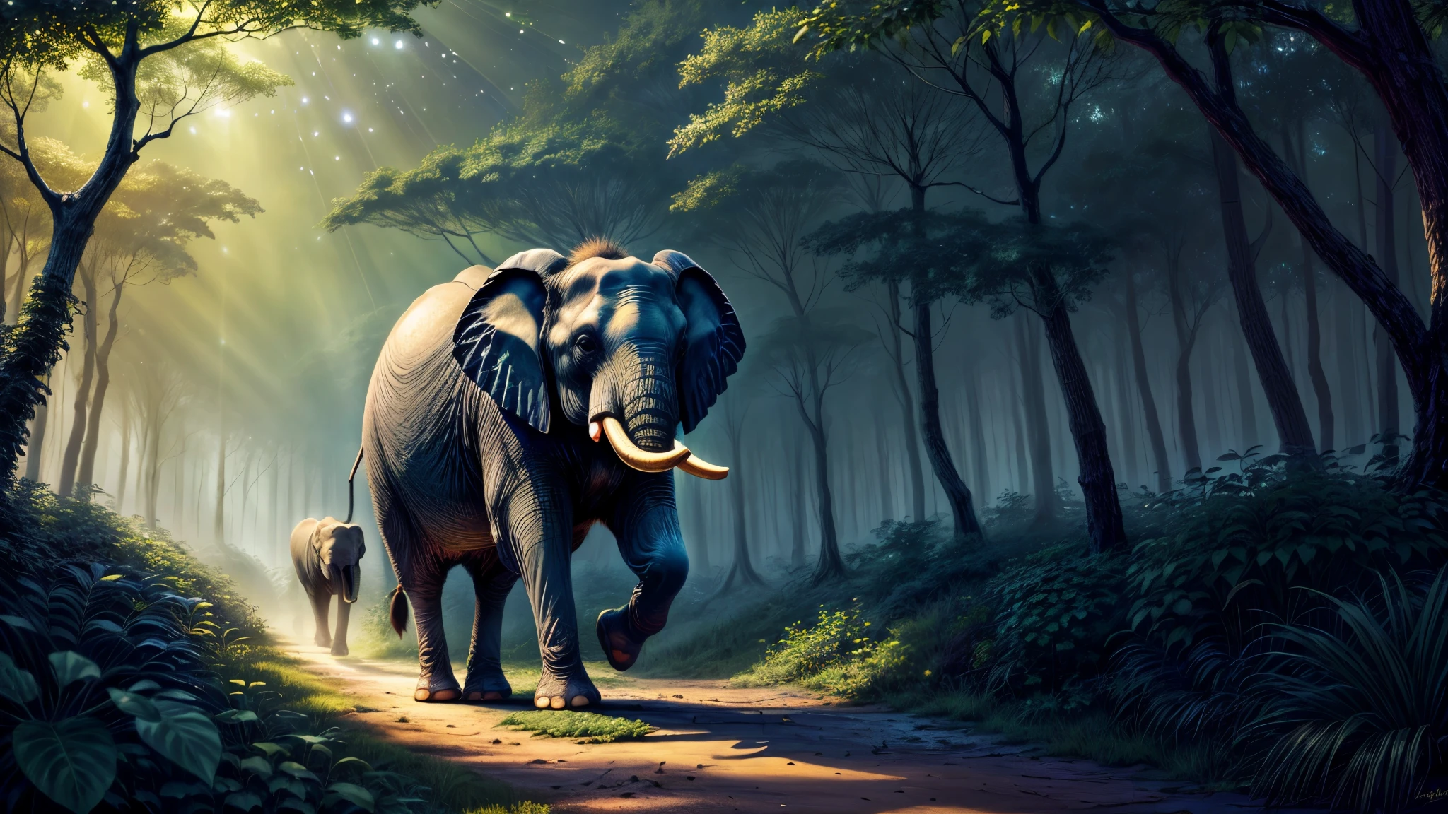 arafed elephant walking down a path in a forest with a person walking by, photo manipulation, by Adam Marczyński, creative photo manipulation, realistic fantasy photography, surreal photography, digital art animal photo, realism | beeple, by Matija Jama, photo - manipulation, surreal photo, cinematic night scene.