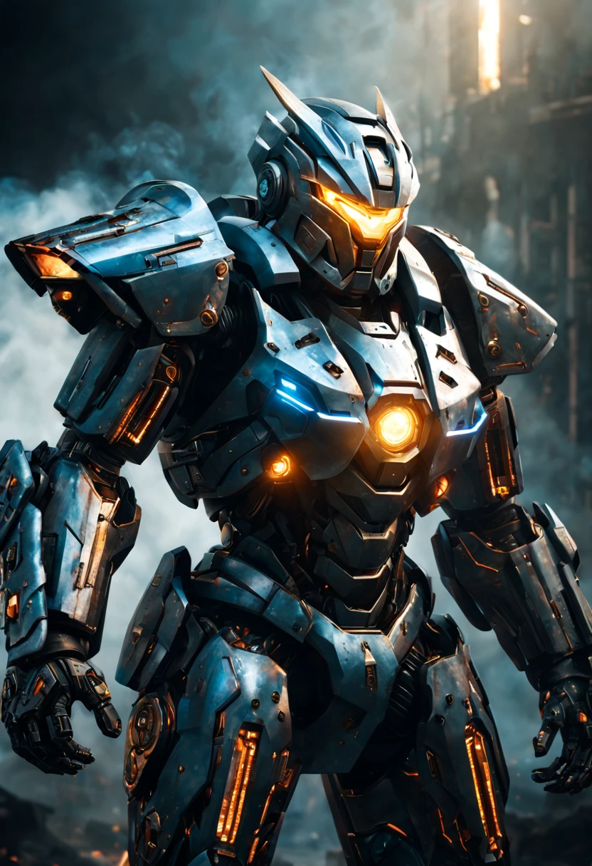 "A futuristic Mecha Warrior in a sci-fi battlefield, wearing a sleek, metallic armor with glowing LED lights. The warrior has a fierce expression and determined eyes, radiating confidence. The armor is highly detailed, with intricate mechanical parts and powerful weaponry. The battlefield is filled with debris and smoke, showcasing the aftermath of a fierce battle. The lighting is dramatic, with rays of sunlight piercing through the thick smoke, creating a contrast between light and shadow. The color palette is dominated by cool tones, enhancing the futuristic atmosphere. The artwork is of the highest quality, with ultra-detailed rendering and an emphasis on realistic textures. The final image should be a masterpiece, capturing the epicness and intensity of the Mecha Warrior's presence."