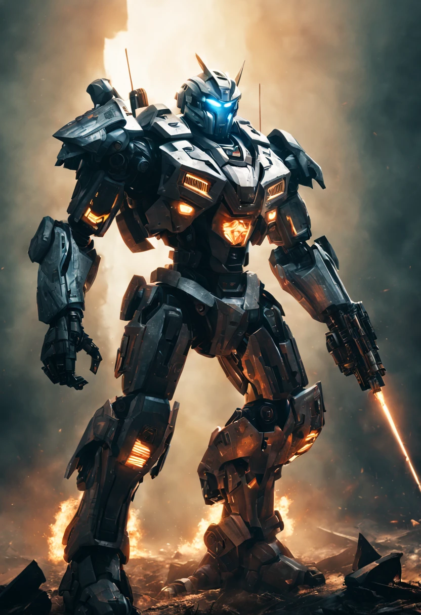 "A futuristic Mecha Warrior in a sci-fi battlefield, wearing a sleek, metallic armor with glowing LED lights. The warrior has a fierce expression and determined eyes, radiating confidence. The armor is highly detailed, with intricate mechanical parts and powerful weaponry. The battlefield is filled with debris and smoke, showcasing the aftermath of a fierce battle. The lighting is dramatic, with rays of sunlight piercing through the thick smoke, creating a contrast between light and shadow. The color palette is dominated by cool tones, enhancing the futuristic atmosphere. The artwork is of the highest quality, with ultra-detailed rendering and an emphasis on realistic textures. The final image should be a masterpiece, capturing the epicness and intensity of the Mecha Warrior's presence."