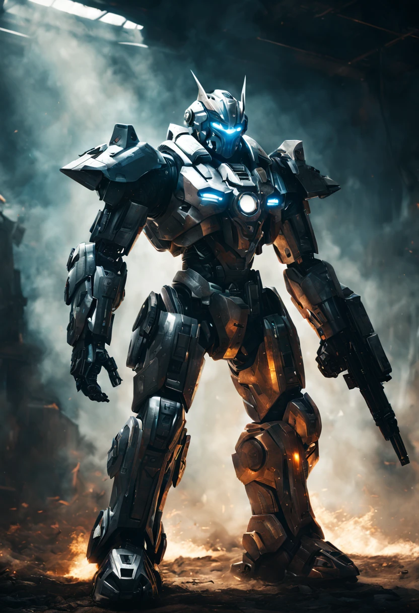 "A futuristic Mecha Warrior in a sci-fi battlefield, wearing a sleek, metallic armor with glowing LED lights. The warrior has a fierce expression and determined eyes, radiating confidence. The armor is highly detailed, with intricate mechanical parts and powerful weaponry. The battlefield is filled with debris and smoke, showcasing the aftermath of a fierce battle. The lighting is dramatic, with rays of sunlight piercing through the thick smoke, creating a contrast between light and shadow. The color palette is dominated by cool tones, enhancing the futuristic atmosphere. The artwork is of the highest quality, with ultra-detailed rendering and an emphasis on realistic textures. The final image should be a masterpiece, capturing the epicness and intensity of the Mecha Warrior's presence."