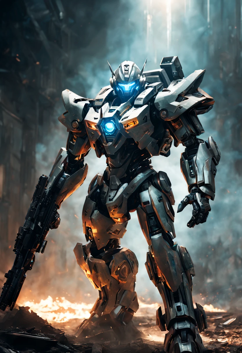 "A futuristic Mecha Warrior in a sci-fi battlefield, wearing a sleek, metallic armor with glowing LED lights. The warrior has a fierce expression and determined eyes, radiating confidence. The armor is highly detailed, with intricate mechanical parts and powerful weaponry. The battlefield is filled with debris and smoke, showcasing the aftermath of a fierce battle. The lighting is dramatic, with rays of sunlight piercing through the thick smoke, creating a contrast between light and shadow. The color palette is dominated by cool tones, enhancing the futuristic atmosphere. The artwork is of the highest quality, with ultra-detailed rendering and an emphasis on realistic textures. The final image should be a masterpiece, capturing the epicness and intensity of the Mecha Warrior's presence."