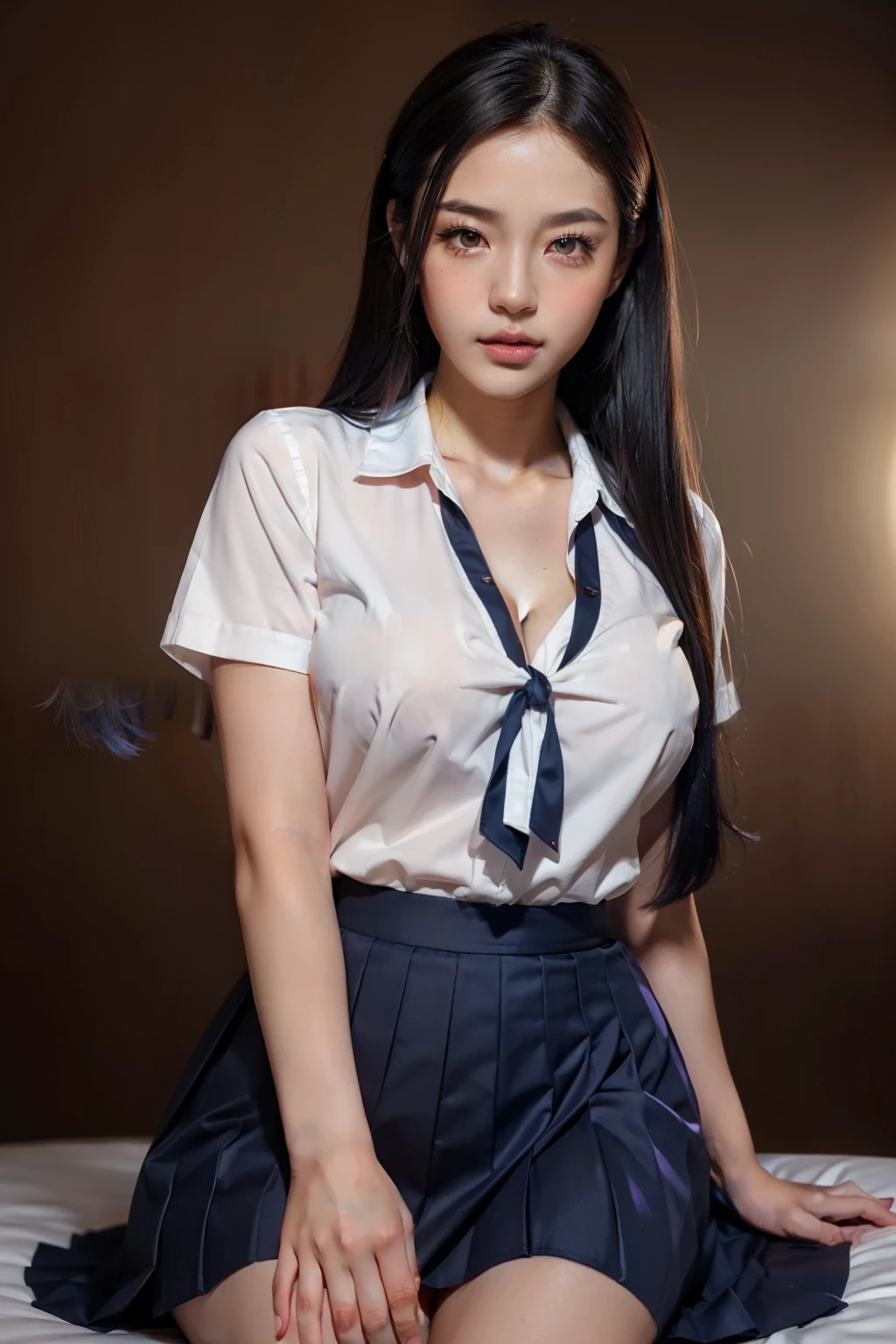 (masterpiece, best quality, cinematic, photorealistic, ultra-detailed), (1girl, Japanese student), (wide camera shot:1.5), (smart-looking girl wearing a white short-sleeved blouse with a sailor-style collar and a ribbon tie), (navy blue pleated skirt that falls just above the knees), (blue hair, long straight hair), perfect hands, perfect face, (large cleavage), (seductive pose), (brown eyes, soft and shimmery eyeshadows, detailed pupils, defined eyelashes), (blushing, slightly parted lips, cherry lips), (gradient background:1.2), (sensual pose)