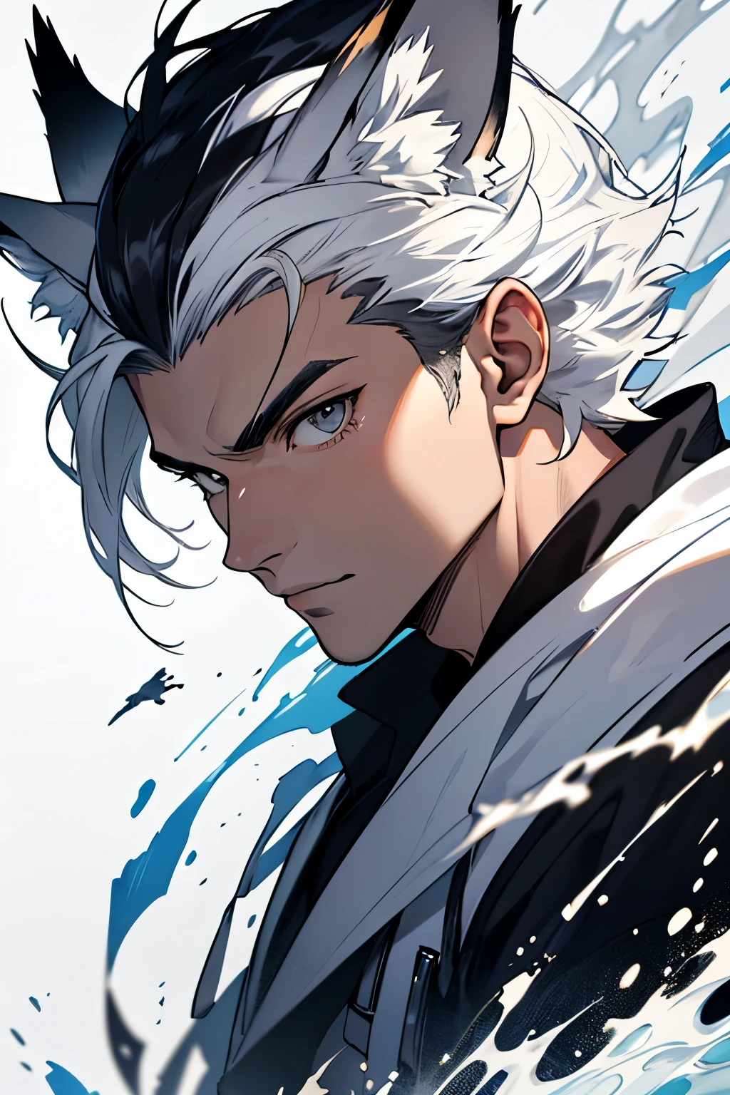 ((melhor qualidade)), ((obra de arte)), (detalhado), rosto perfeito. human man, half fox, half owl, flying, black and white hair
