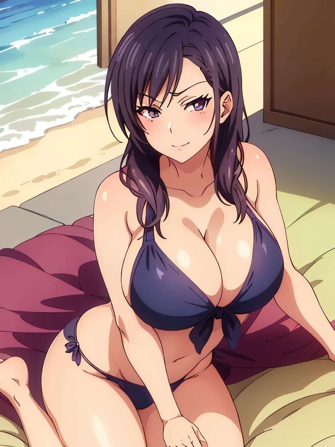 a milf in a bikini top is sit in the bed, seductive anime girl, attractive anime girl, beautiful alluring anime milf, seductive, beautiful anime milf, beautiful anime girl, beautiful alluring anime , big oppai, sultry smirk
