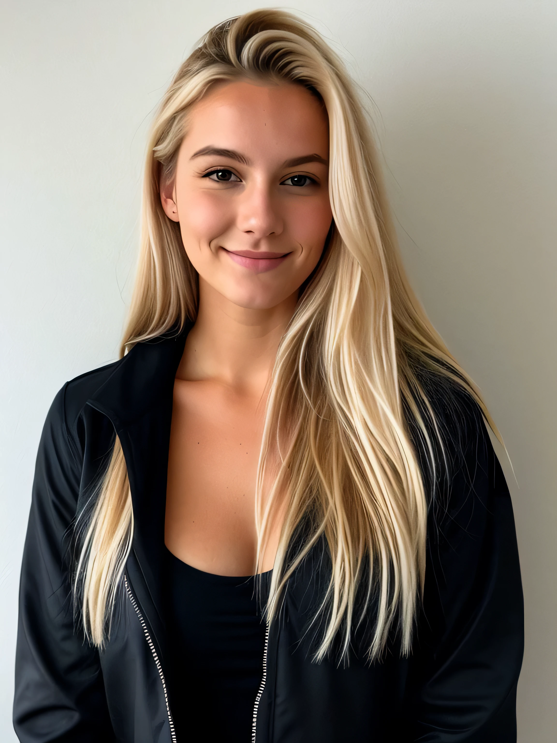 une femme souriante blonde de 23 ans fais un selfie en extérieur en contre plongée, on voit le ciel en arrière plan, le ciel et les nuages couvrent tout l'arrière plan, temps un peu nuageux ombres douces, photoréalisme, Cheveux blonds avec des racines châtain clair, cheveux blond, Cheveux avec des racines brunes, cheveux en queue de cheval ,cheveux attachés derrière la tête formant une queue de cheval, cheveux attachés, yeux bleus, belle femme, vue de face, très gros plan sur le visage, zoom sur le visage, un blouson d'hiver noir, haute qualité, selfie