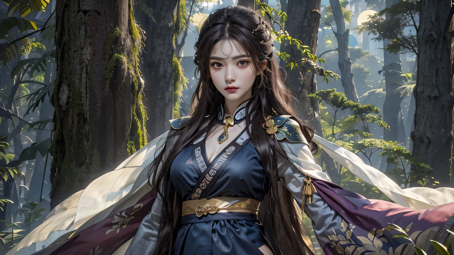 4K, ((very delicate))realistic, high resolution, woman in pine forest, alone, dark night, a ray of moonlight, dark brown hair, long hair, tear, woe, look at the viewer, (detailed face), super super big, 1 long, thin Joseon sword, big bust, thick thighs, enlargement, Bikini style fusion hanbok, Joseon Dynasty warrior, looking straight ahead,