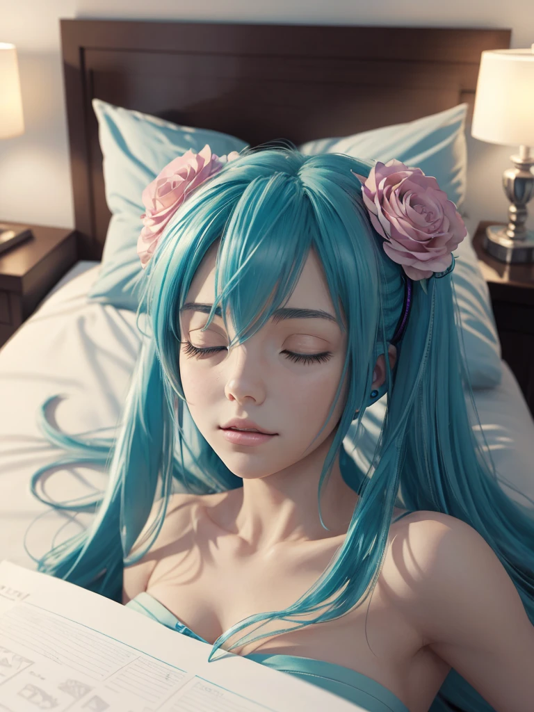 Rosa，Seios grandes Hatsune Miku，DE CORPO INTEIRO, ROUPA LANGERI TRANSPARENTE, DEITADA DE OLHOS FECHADOS, DORMINDO NA CAMA，heterocromia, QUARTO DE HOTEL ，SLEEPING and cute expression，papel de parede ultra HD，3Drendering