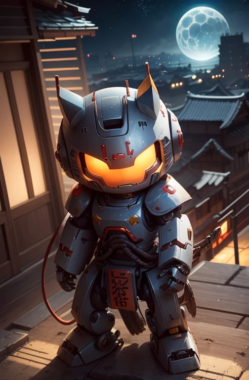 a cute mecha, happy robot cat, mecha, samurai warrior armor, no humans, bending, night cty, from above