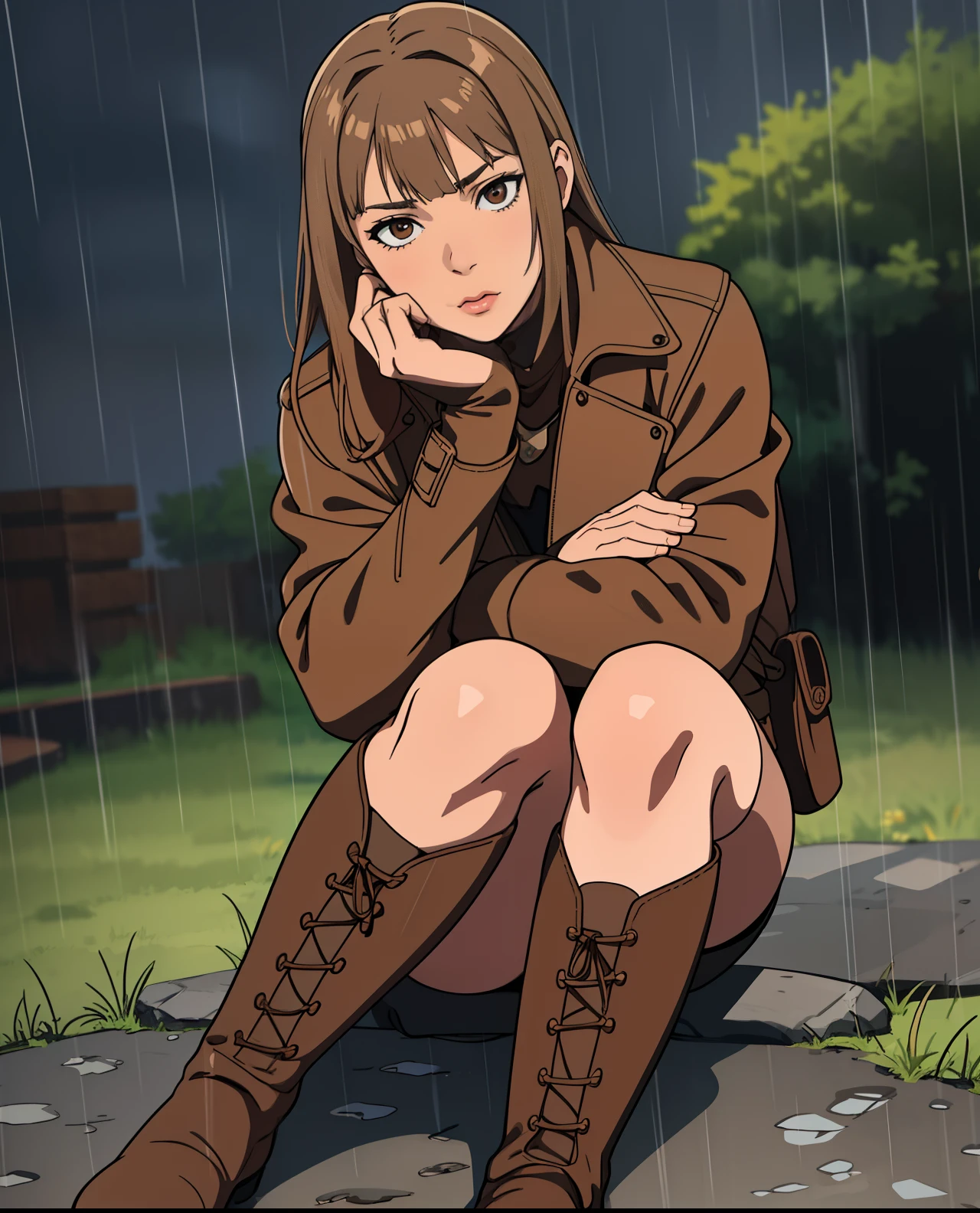 Alafe sitting on the ground with his legs crossed and his hands on his knees, Wearing Brown boots, high boots, Brown:-2, riding boots, rain, wearing boots, huge boots, Brownのブーツ, ニーhigh boots, Knee-high boots, Also, she wears boots, ニーhigh boots, rainの, [ realistic pictures ]!!, kano)