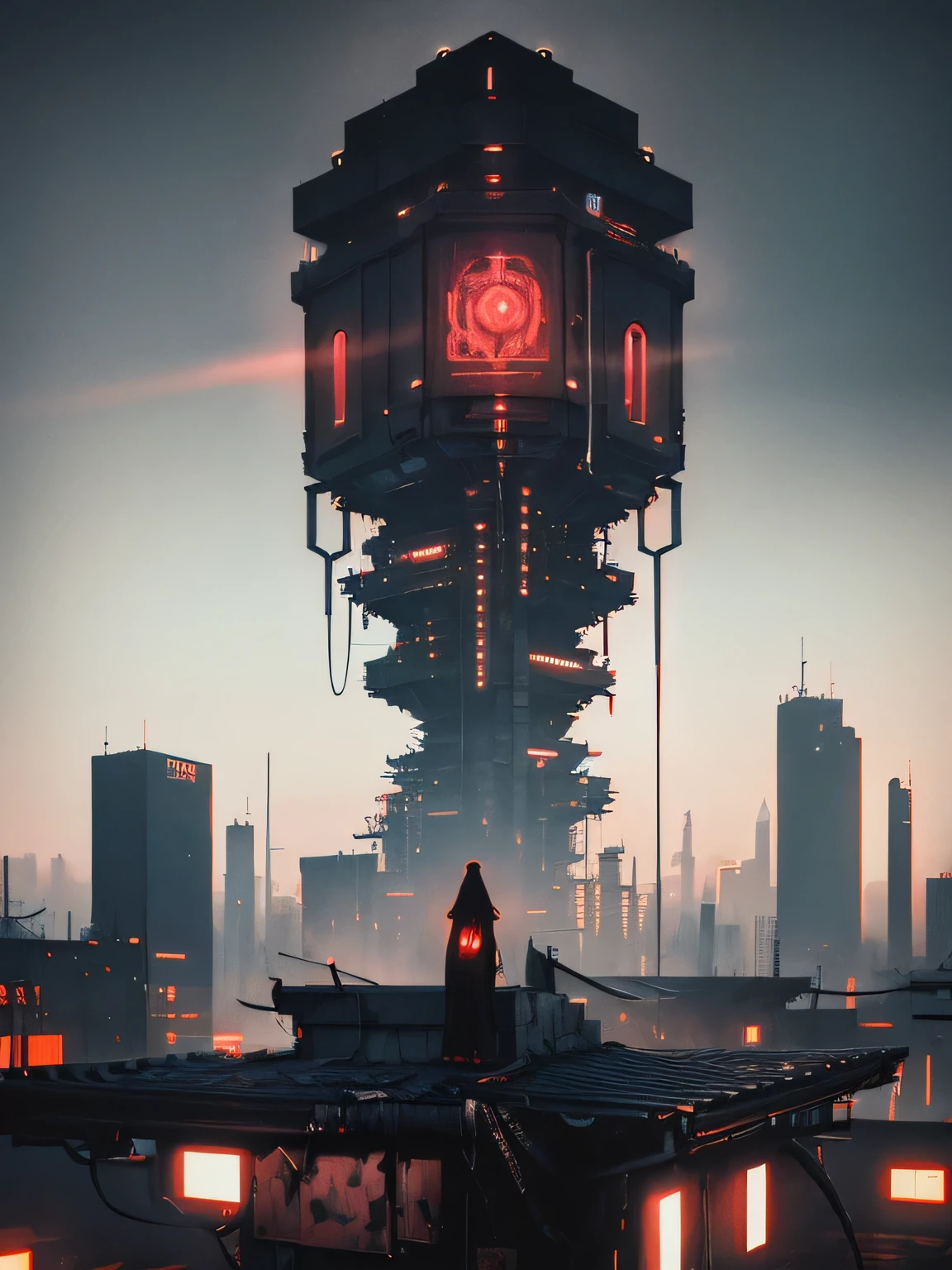 ((Dark art)), ((Cyberpunk art)), (warm light), Rooftop Scene, The roof of a skyscraper, black oil liquids, empty roof, Background Zdzislawa Beksinski, very detailed art, very detailed background