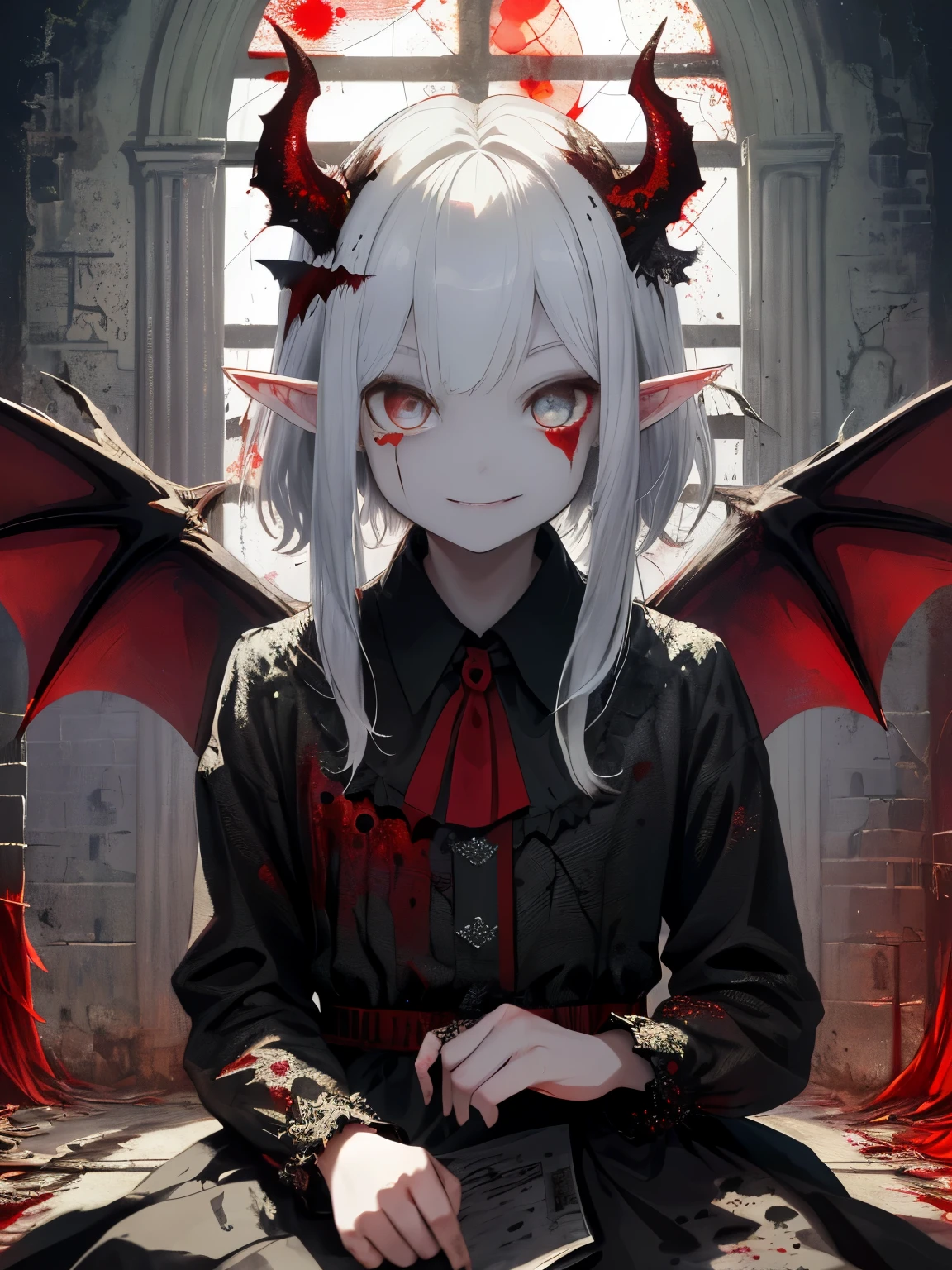 Very detailed wallpaper, Super detailed details, Detailed shadows, Very precise and detailed, Extremely detailed 8K wallpapers, Very beautiful 8KCG wallpaper,an old abandoned church. a boy sits down. His clothes were tattered,There are stains in many places. His short white hair is dull and messy. Light enters through the cracked stained glass windows.There are demon horns on the head.There are bat wings on the back.fangs,(best lighting, extremely delicate and beautiful),(best lighting, extremely delicate and beautiful), (Beautiful and delicate face), (Detailed eyes and detailed face:1.2), dark fantasy, alone, crazy smile, white hair, dynamic angle, vampire), (gaint vampire castle in background), (red moon, Red sky), Pointy_ear, fangs, Demon Wings, There is blood on the face, Rain of blood, blood mist, (depth of field), high contrast, (blood spatter:1.4), cowboy shooting, whole body,Little bear doll,Normal skin color,Elf ears