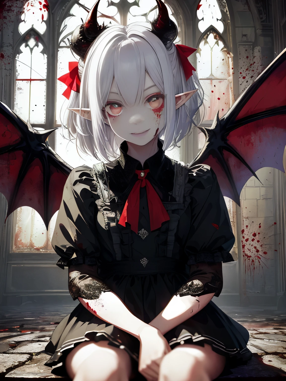 Very detailed wallpaper, Super detailed details, Detailed shadows, Very precise and detailed, Extremely detailed 8K wallpapers, Very beautiful 8KCG wallpaper,an old abandoned church. a boy sits down. His clothes were tattered，There are stains in many places. His short white hair is dull and messy. Light enters through the cracked stained glass windows.There are demon horns on the head.There are bat wings on the back.fangs,(best lighting, extremely delicate and beautiful),(best lighting, extremely delicate and beautiful), (Beautiful and delicate face), (Detailed eyes and detailed face:1.2), dark fantasy,  alone, crazy smile, white hair, dynamic angle, vampire), (gaint vampire castle in background),  (red moon, Red sky), Pointy_ear, fangs, Demon Wings, There is blood on the face, Rain of blood, blood mist, (depth of field), high contrast, (blood spatter:1.4), cowboy shooting, whole body,Little bear doll，Normal skin color，Elf ears