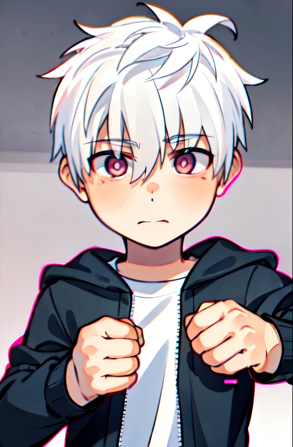 Boy, Asian boy, cute boy, (((Masterpiece))), (((white hair))), (((pink eyes))), (White) shirt, sweatshirt jacket black,