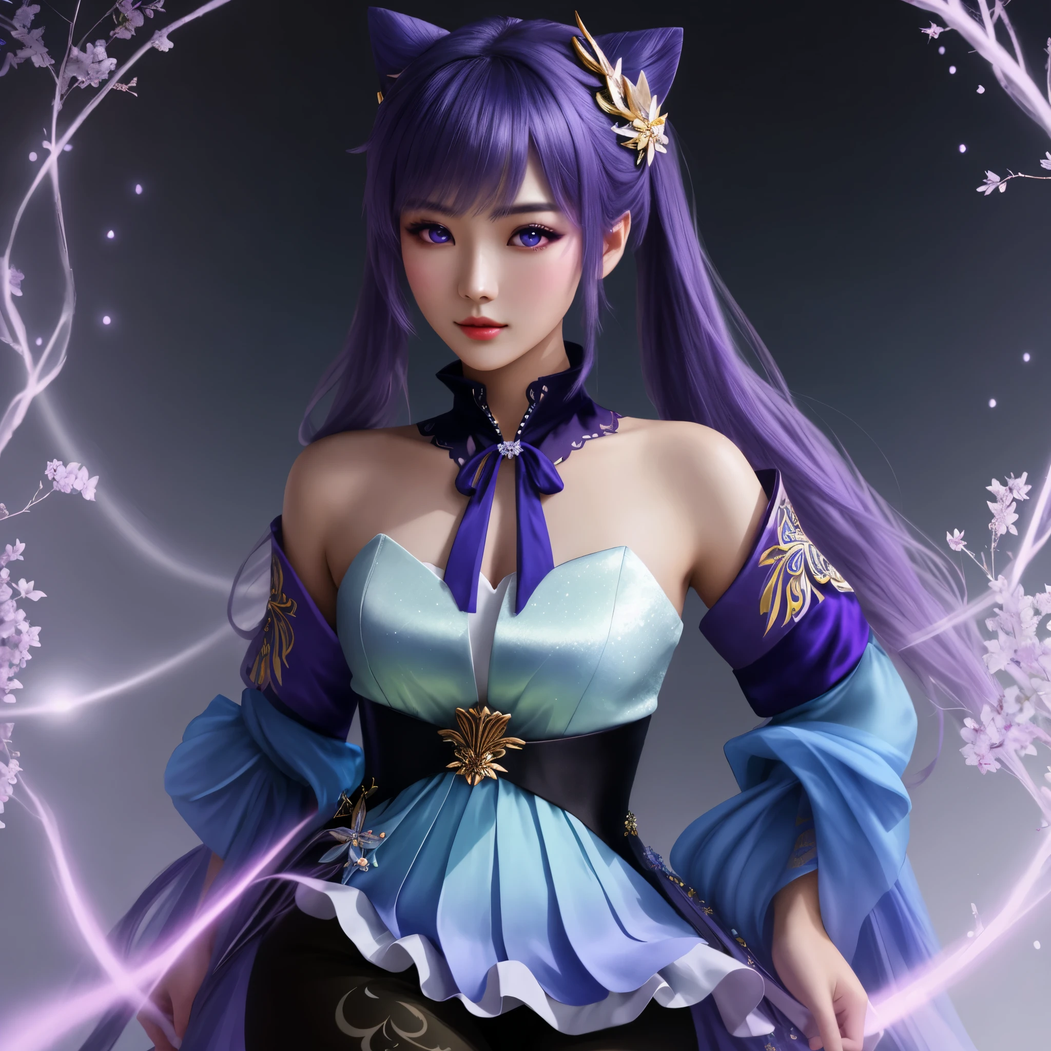 young gorgeous chinese model, traditional beauty, draped in purple and blue silk, with beautiful exoticism, purple hair, violet eyes, cat ears on top of head, ((focus on the hips)), (black opaque tights:1.2), (portrait:1.5), soft fluffy soft landscape forest snowy pastel sky green blue glitter ethereal light pastel whimsical light rainbow stars diamonds sparkling gem background hyper realistic, (Best Quality, 16K, Masterpiece, UHD, Ultra quality cinematic lighting, Huge detail, Well lit, 35mm, sharp, hyper realistic, epic scale, insane level of details, beautiful detailed girl, very detailed eyes and face, beautiful detailed eyes, ultra detailed skin, realistic skin)