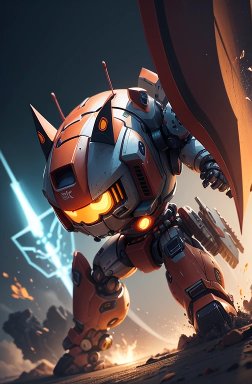 a cute mecha, happy robot cat, mecha, samurai warrior armor, no humans, bending, night cty, from above