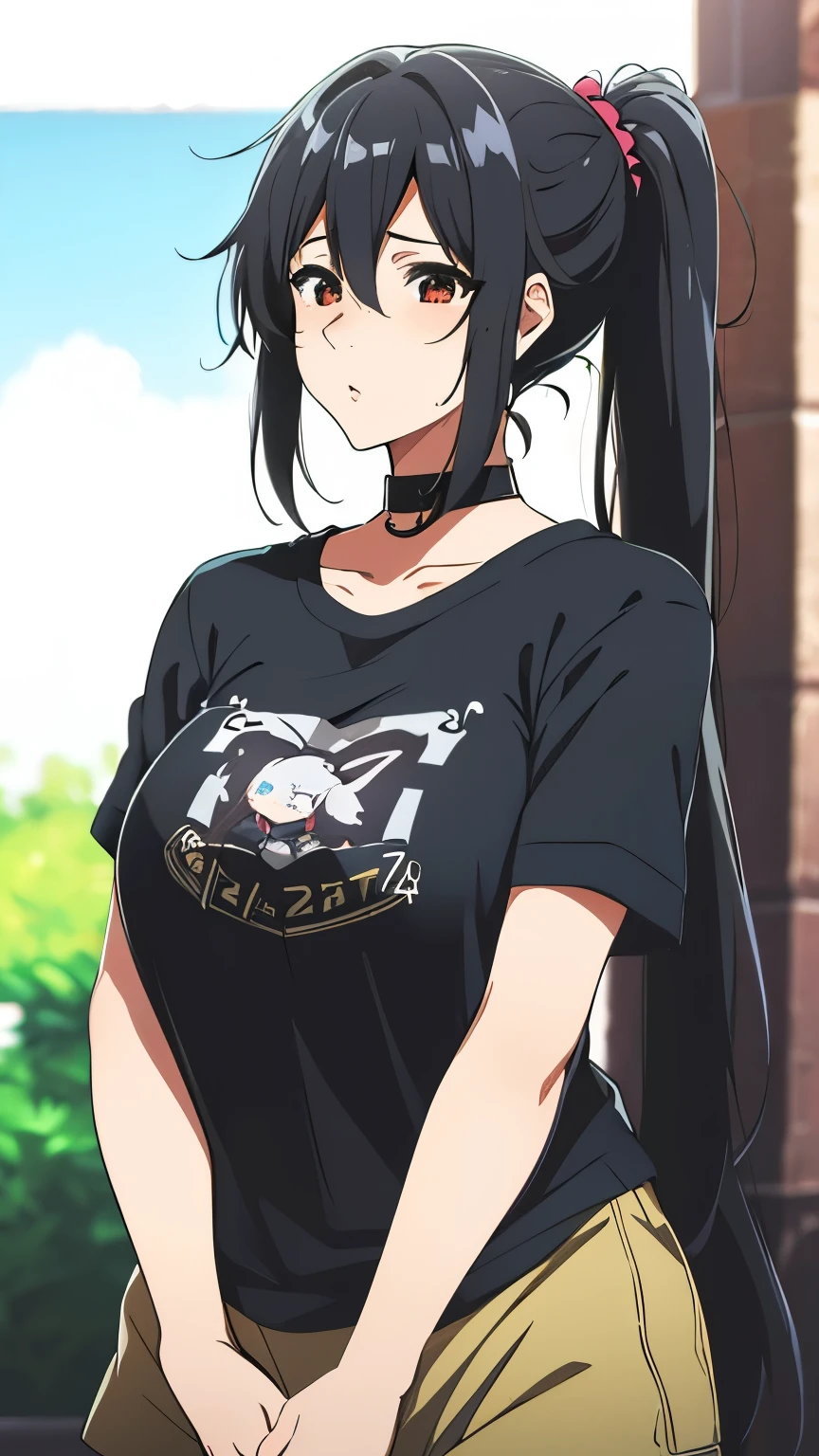 chela77, cutesexyrobbuts, 1girl, solo, adult, black hair, long ponytail, silky hair, a t-shirt, shorts, slave collar, large breasts, saliva
