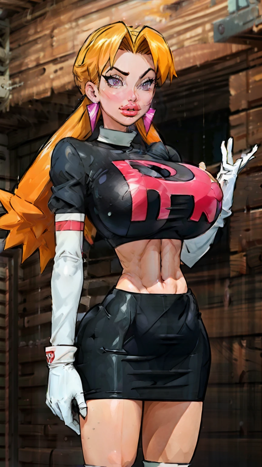 Cassidy aesthetic, white gloves, high heels,  (aletta ocean face), (puffy lips), FernFrieren, ((tight black skirt)), thong under skirt, ((v cut abs, slendered abs)), very long hair, ((orange hair)), eyes, ( pupils), (black top), giant letter R on top, ((long white boots)), ((over thigh boots)),  looking down, ((black team rocket uniform:1.3)), straight-on, expressionless, (detailed face), arms spread out, standing for battle, looking at viewer, (gigantic breasts:1.4), ultra detailed, masterpiece, best quality, aesthetic, detailed, hair, thick thighs, small feet,small waist