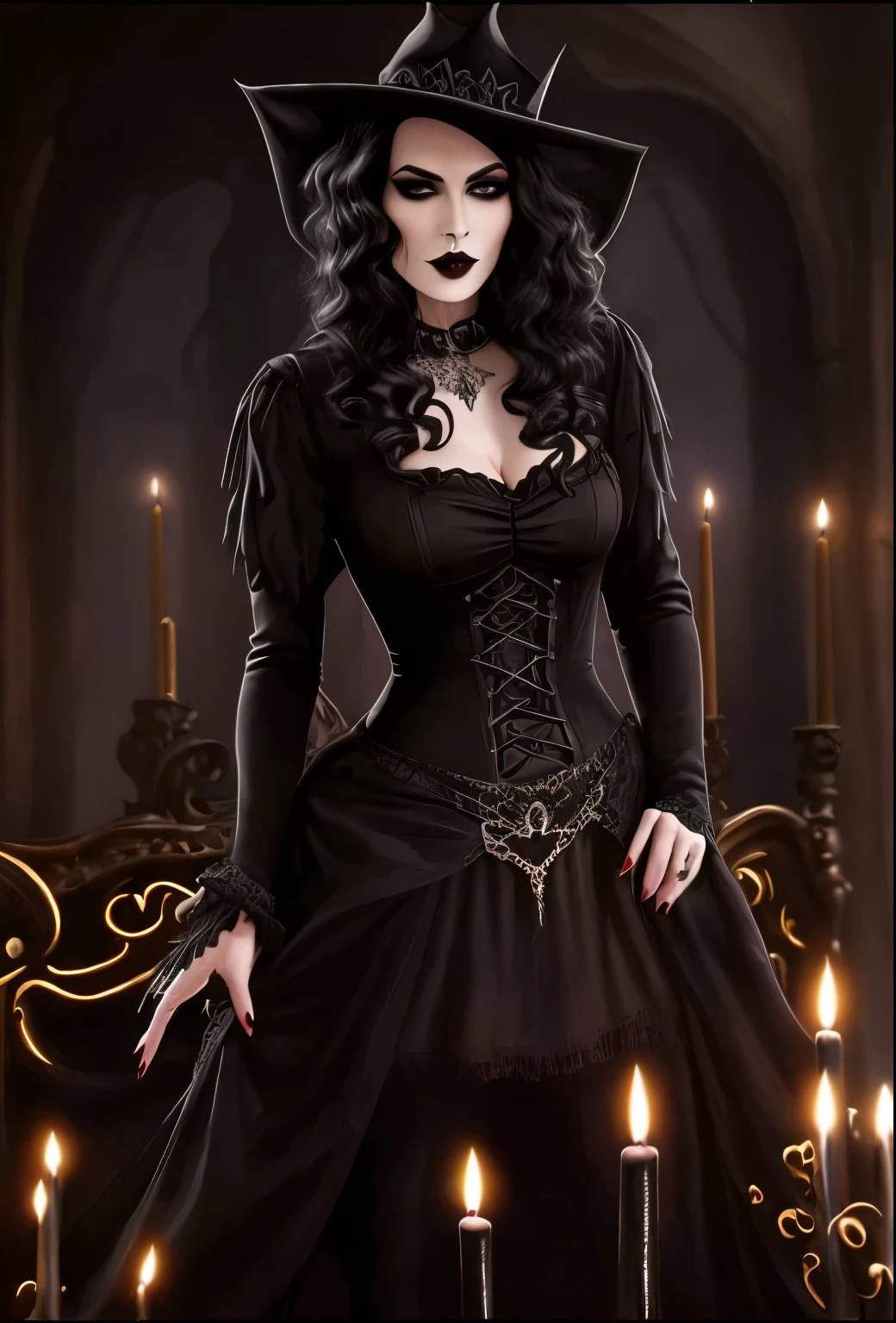 a woman in a black dress and hat in front of candles, gothic fantasy art, gothic maiden, arte de estilo fantasia sombria, gothic maiden of the dark, arte de fantasia sombria, arte escura de fantasia, linda rainha vampira, fantasia arte vitoriana, elegant vampiro vitoriano, in style of arte de fantasia sombria, linda rainha feminina vampira, vampiro vitoriano, gothic art, an elegant gothic princess