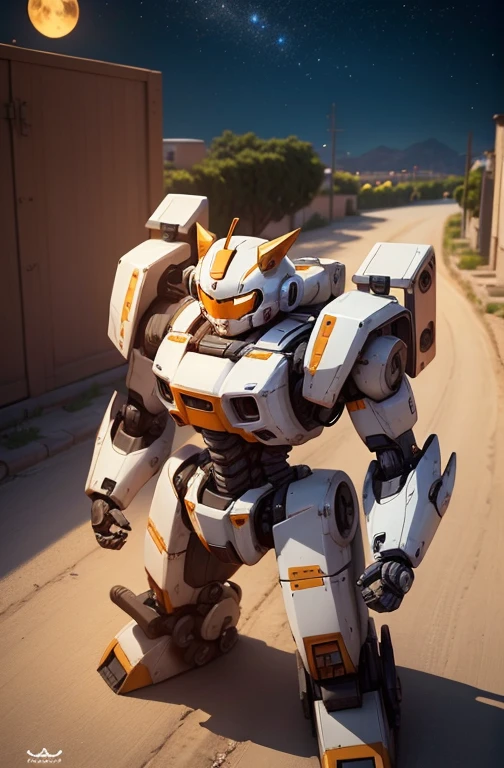 a cute mecha, happy robot cat, mecha, mexican warrior armor, no humans, bending, night cty, from above