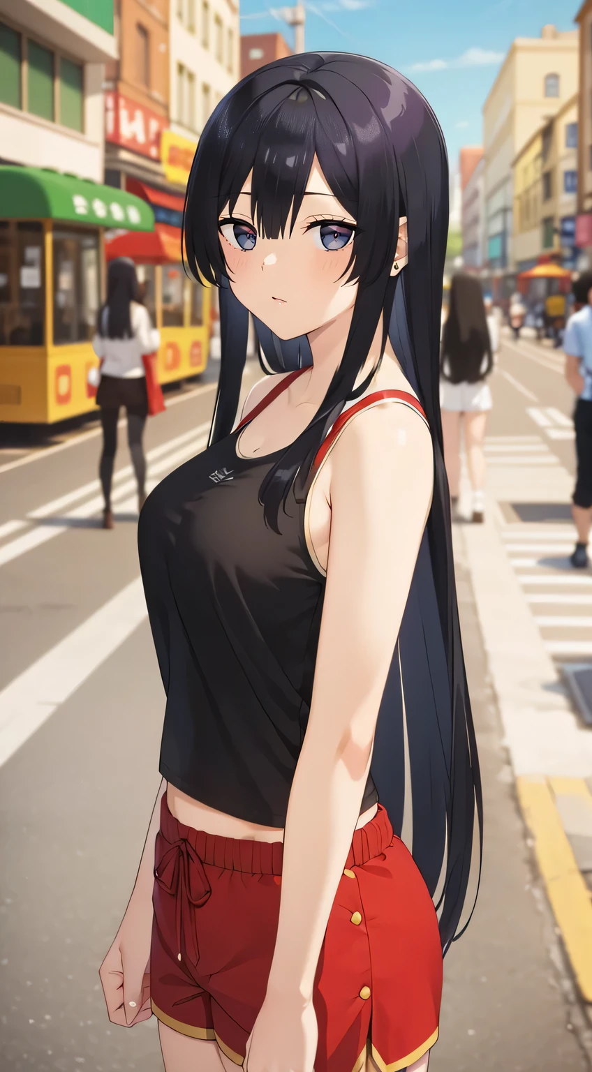 black hair,black eyes,((masterpiece:1.2)), best quality, pretty face, large_breasts, black tank top, red jogging shorts, cowboy shot, looking_at_viewer, light smile, closed_mouth, city street background, anime screencap
