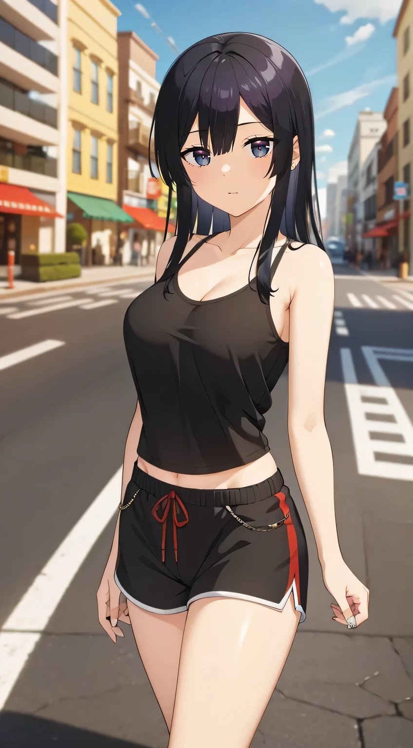 (black hair,black eyes),((masterpiece:1.2)), best quality, pretty face, large_breasts, black tank top, red jogging shorts, cowboy shot, looking_at_viewer, light smile, closed_mouth, city street background, anime screencap
