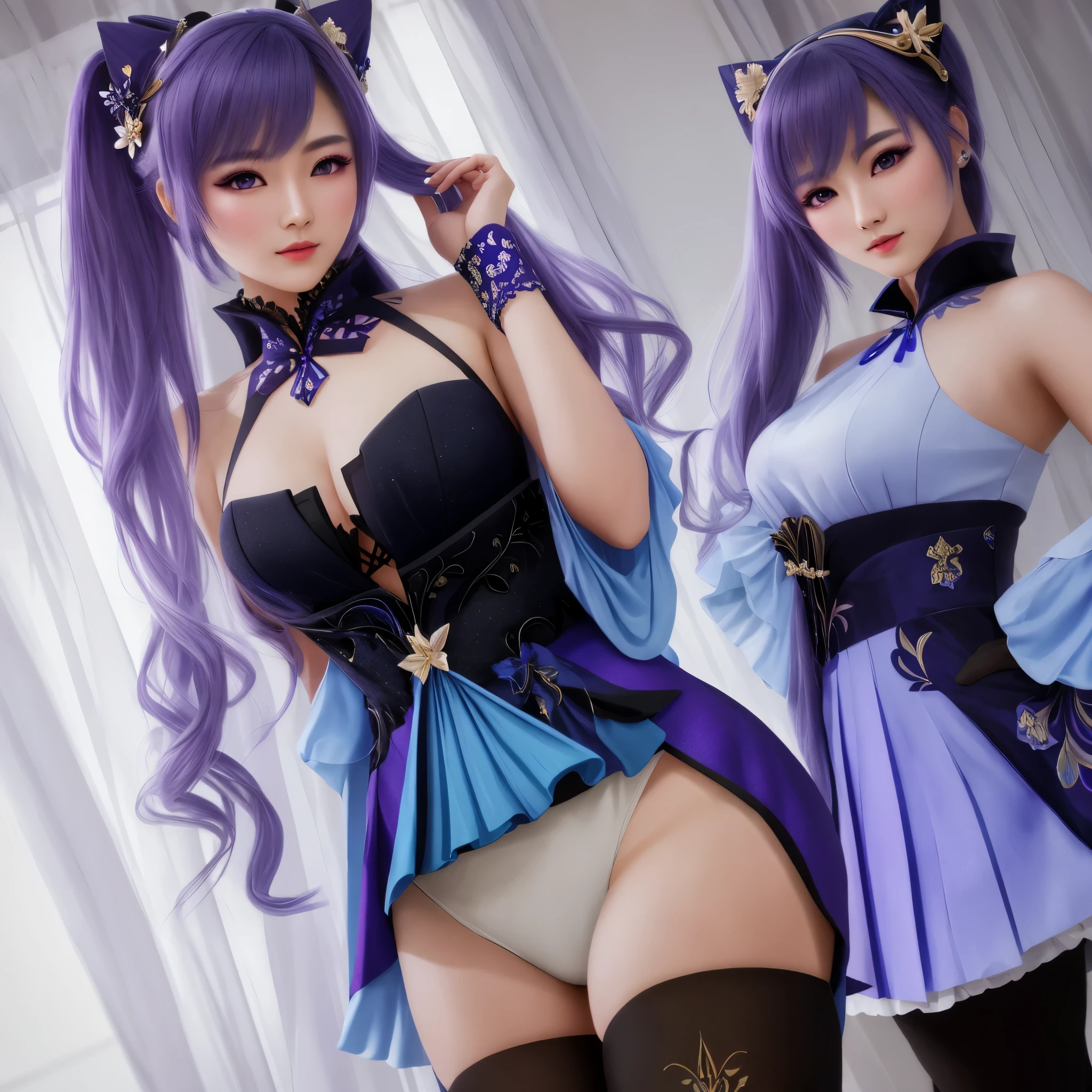 young gorgeous chinese model, traditional beauty, draped in purple and blue silk, with beautiful exoticism, purple hair, violet eyes, cat ears on top of head, ((focus on the hips)), (black opaque tights:1.2), soft fluffy soft landscape forest snowy pastel sky green blue glitter ethereal light pastel whimsical light rainbow stars diamonds sparkling gem background hyper realistic, (Best Quality, 16K, Masterpiece, UHD, Ultra quality cinematic lighting, Huge detail, Well lit, 35mm, sharp, hyper realistic, epic scale, insane level of details, beautiful detailed girl, very detailed eyes and face, beautiful detailed eyes, ultra detailed skin, realistic skin)